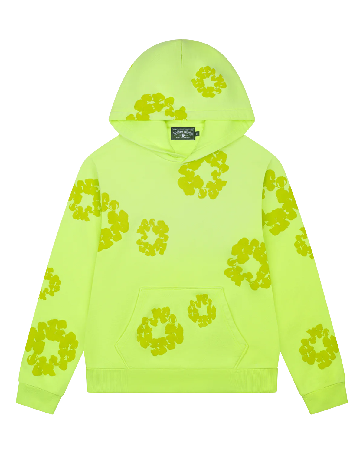 Denim Tears Mono Cotton Wreath Hoodie in neon green with sun-faded washed effect, regular fit, 100% cotton.