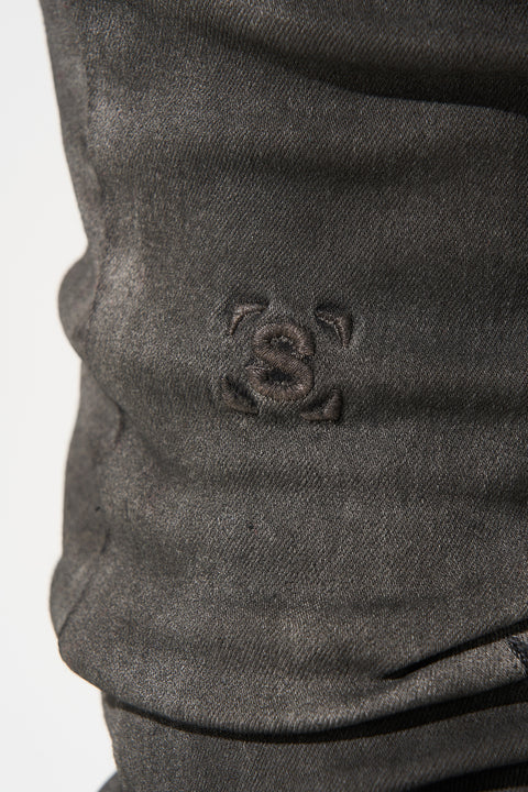 SERENEDE® STEAM acid black coated charcoal jeans with fitted stretch construction, fading, 3M [S] print, leather waistband label, and branded hardware
