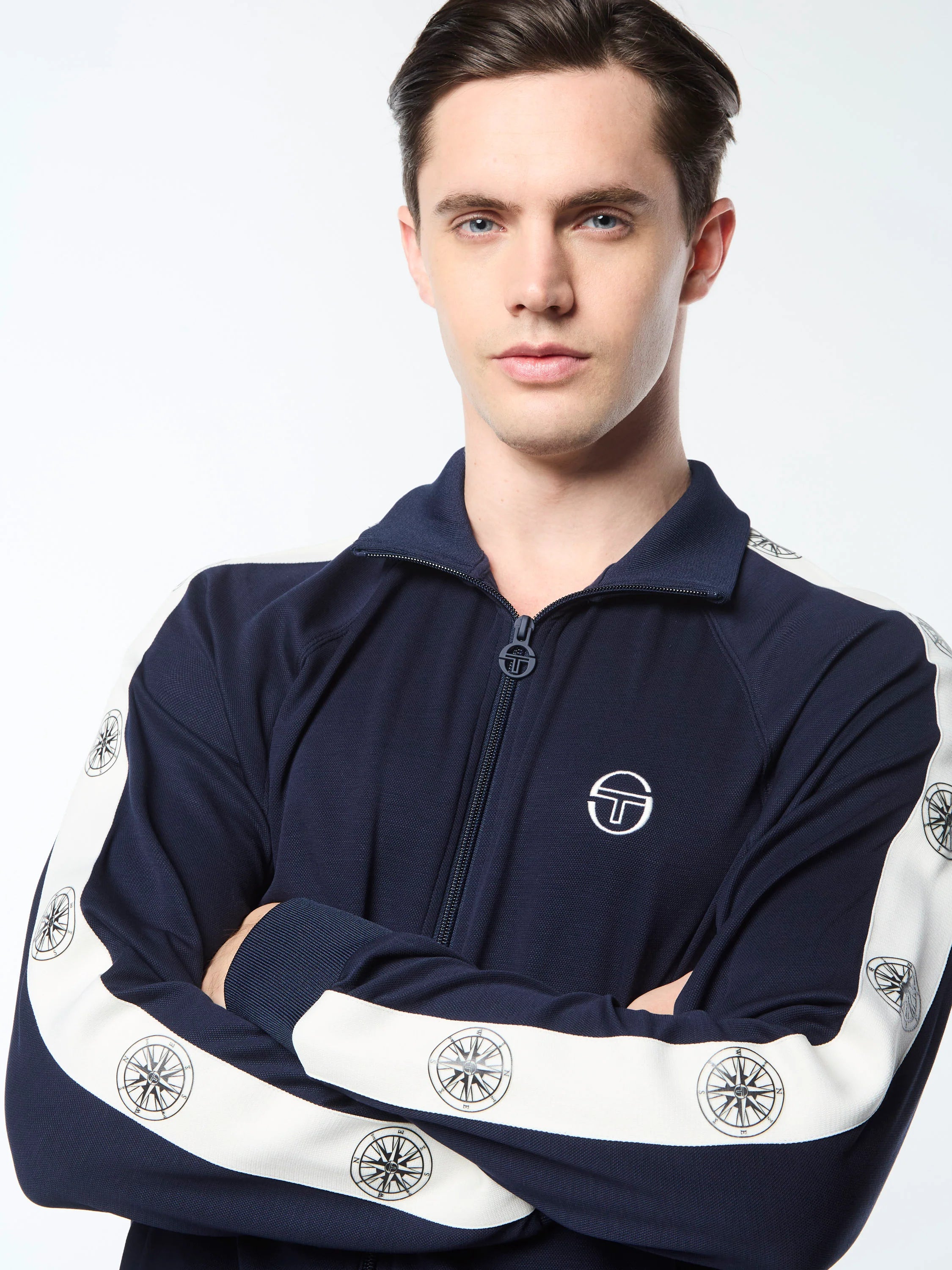 Sergio Tacchini Bussola Track Jacket with Compass logo taping, embroidered ST logo, and Tencel-blend fabric
