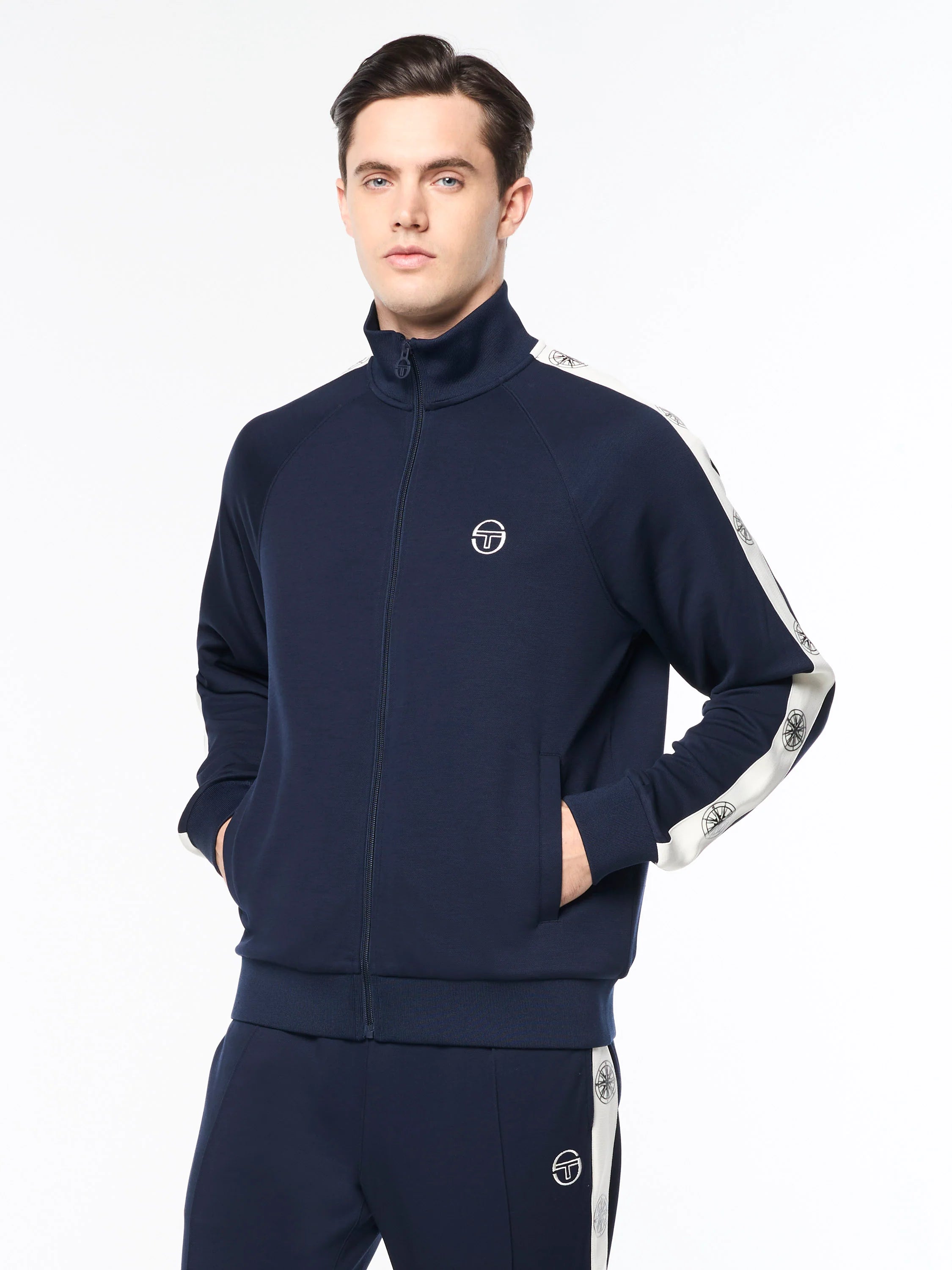 Sergio Tacchini Bussola Track Jacket with Compass logo taping, embroidered ST logo, and Tencel-blend fabric