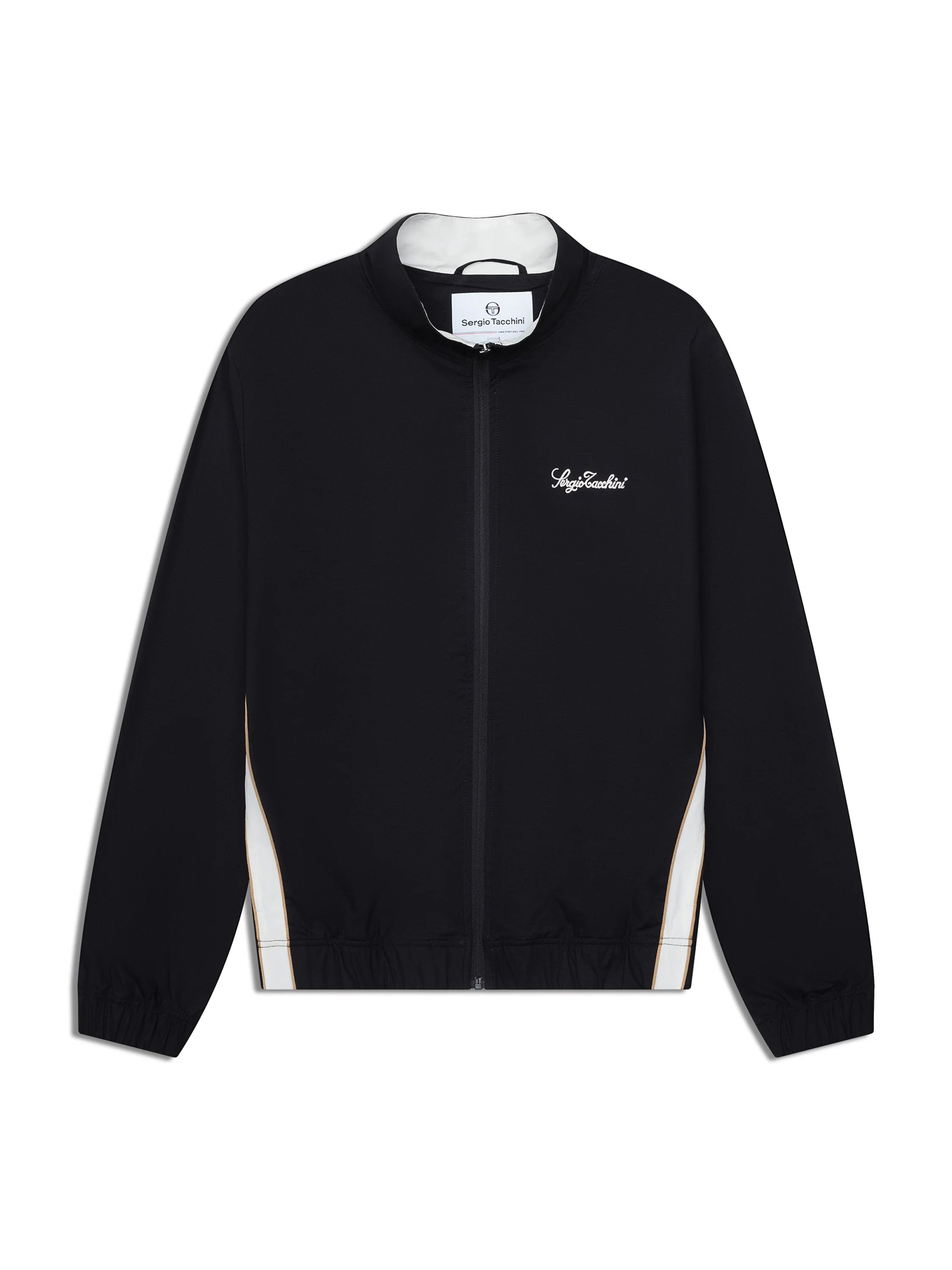 Premium track jacket with embroidered Sergio Tacchini logo, full-zip closure, contrast piping panels, and welt handwarmer pockets