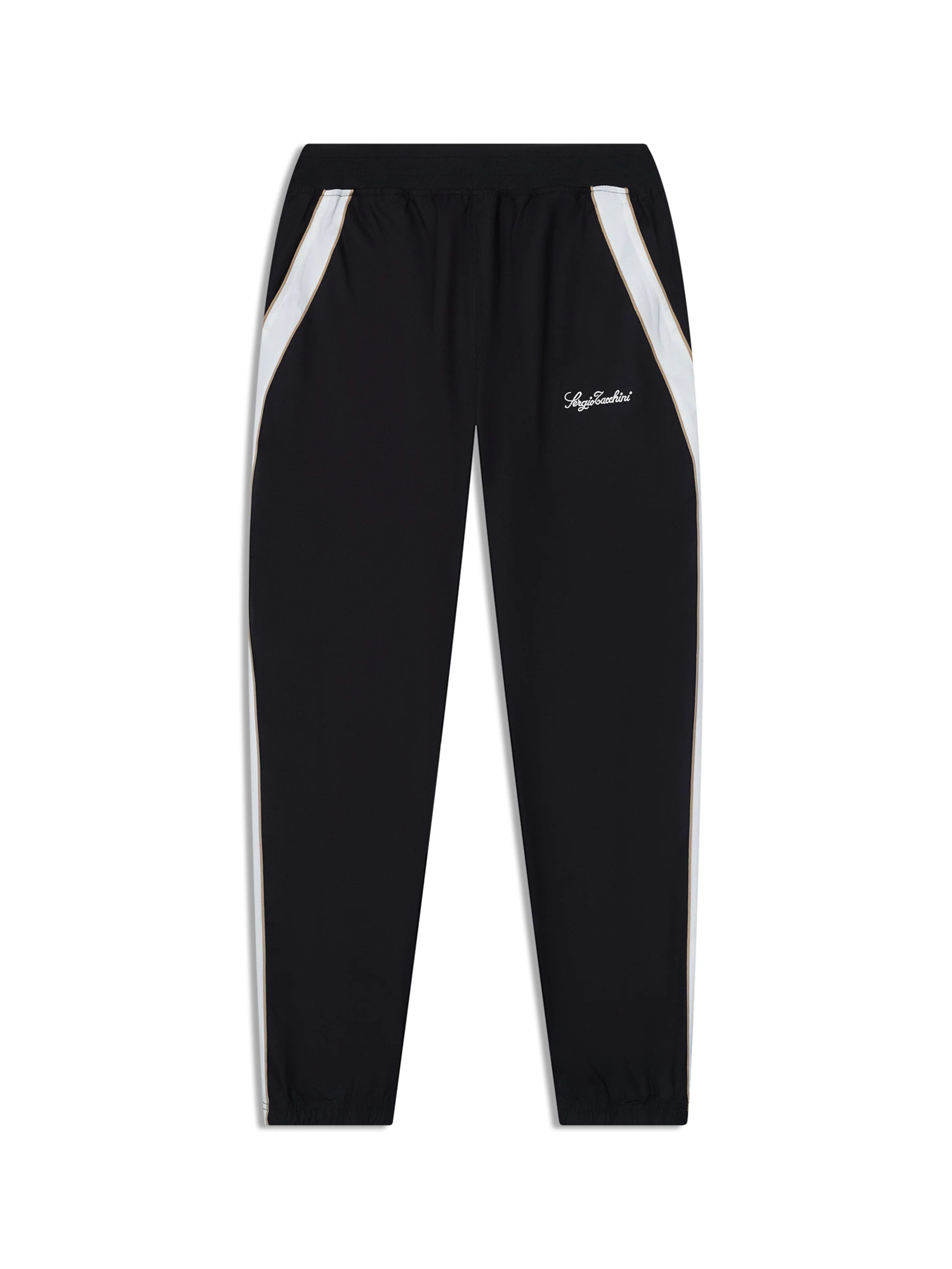 Premium track pants with embroidered Sergio Tacchini logo, elastic waistband, contrast piping down legs, and adjustable ankle zips