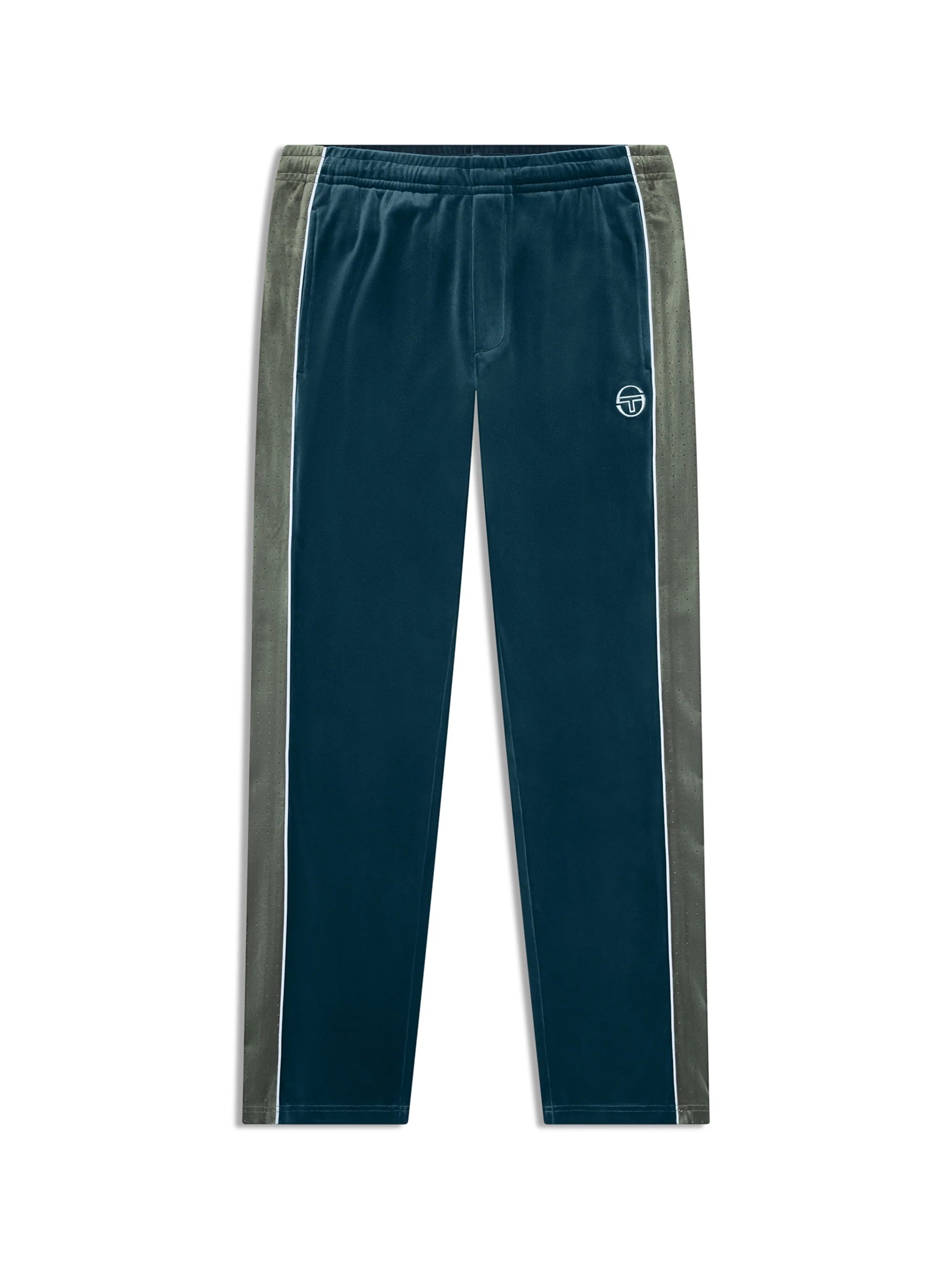 Premium velour track pants with elastic waistband, internal drawstring, side piping details, and embroidered ST monogram logo