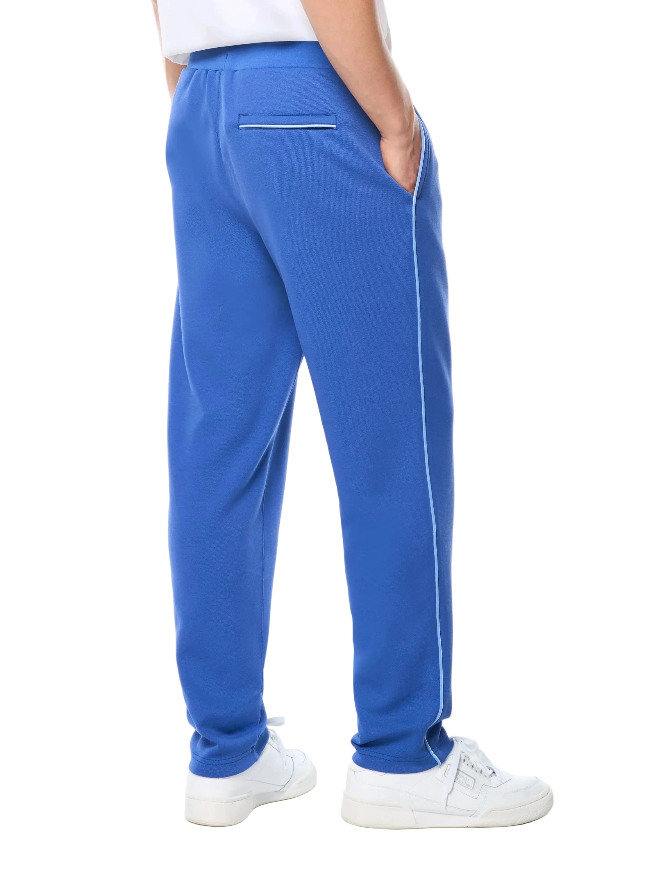 Performance track pants with contrast piping down legs, elastic waistband with metal-tipped drawcord, and embroidered ST monogram logo