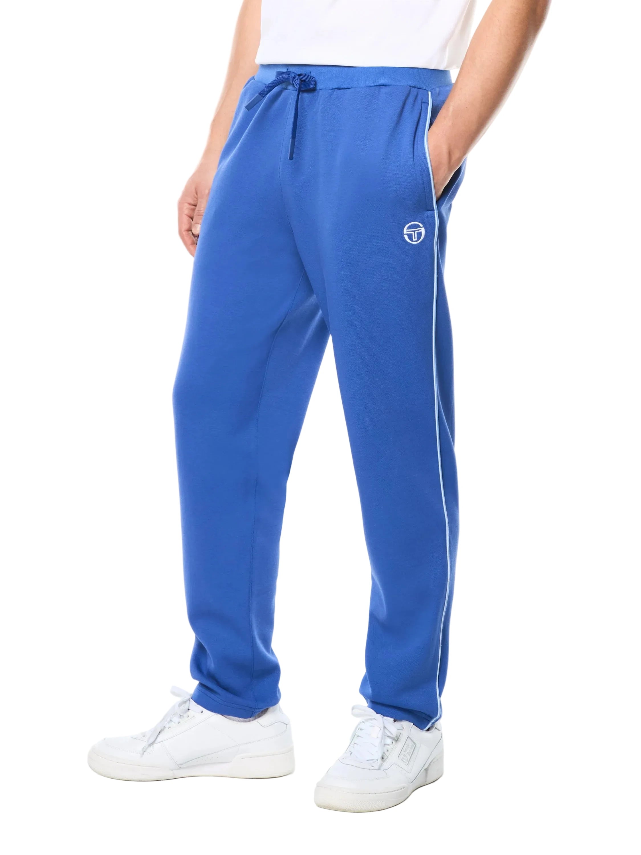 Performance track pants with contrast piping down legs, elastic waistband with metal-tipped drawcord, and embroidered ST monogram logo