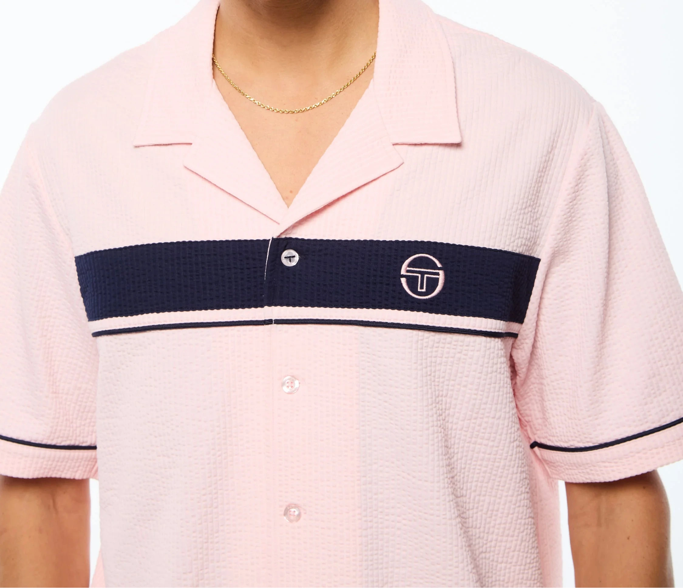 Sergio Tacchini Annata Cabana Shirt with camp collar, striped chest detail, and embroidered ST logo in lightweight relaxed fit fabric