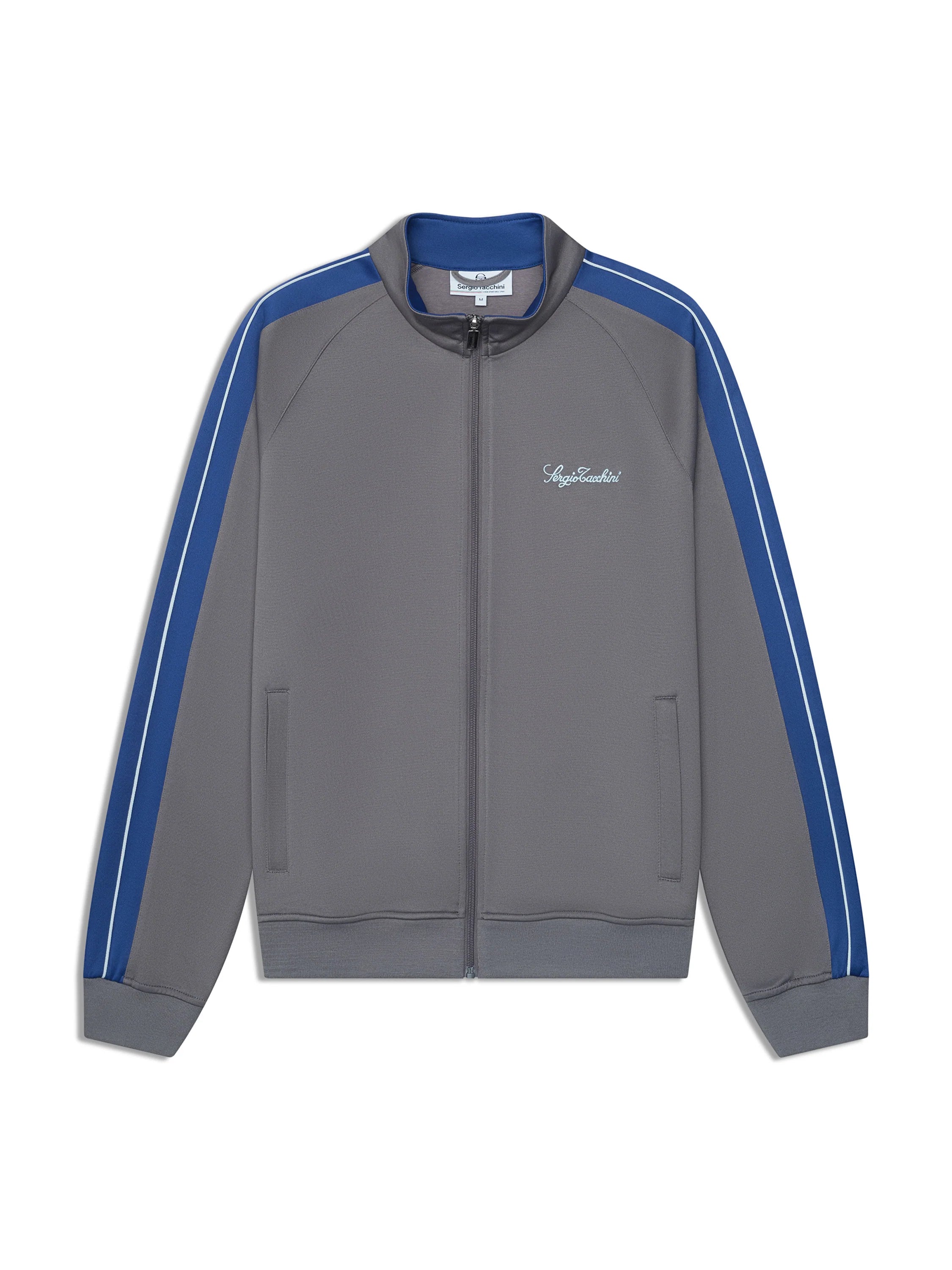 Premium track pants with elastic waistband, rear zippered welt pocket, embroidered Sergio Tacchini logo, contrast panels and piping, and adjustable ankle zips
