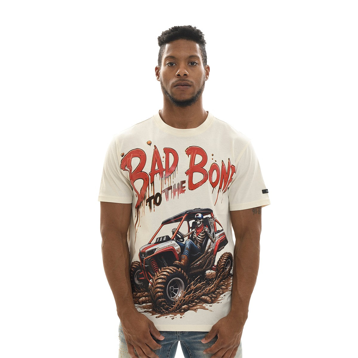 Switch Remarkable A1/Bad Bone Tee in cream with relaxed fit and bold graphic design