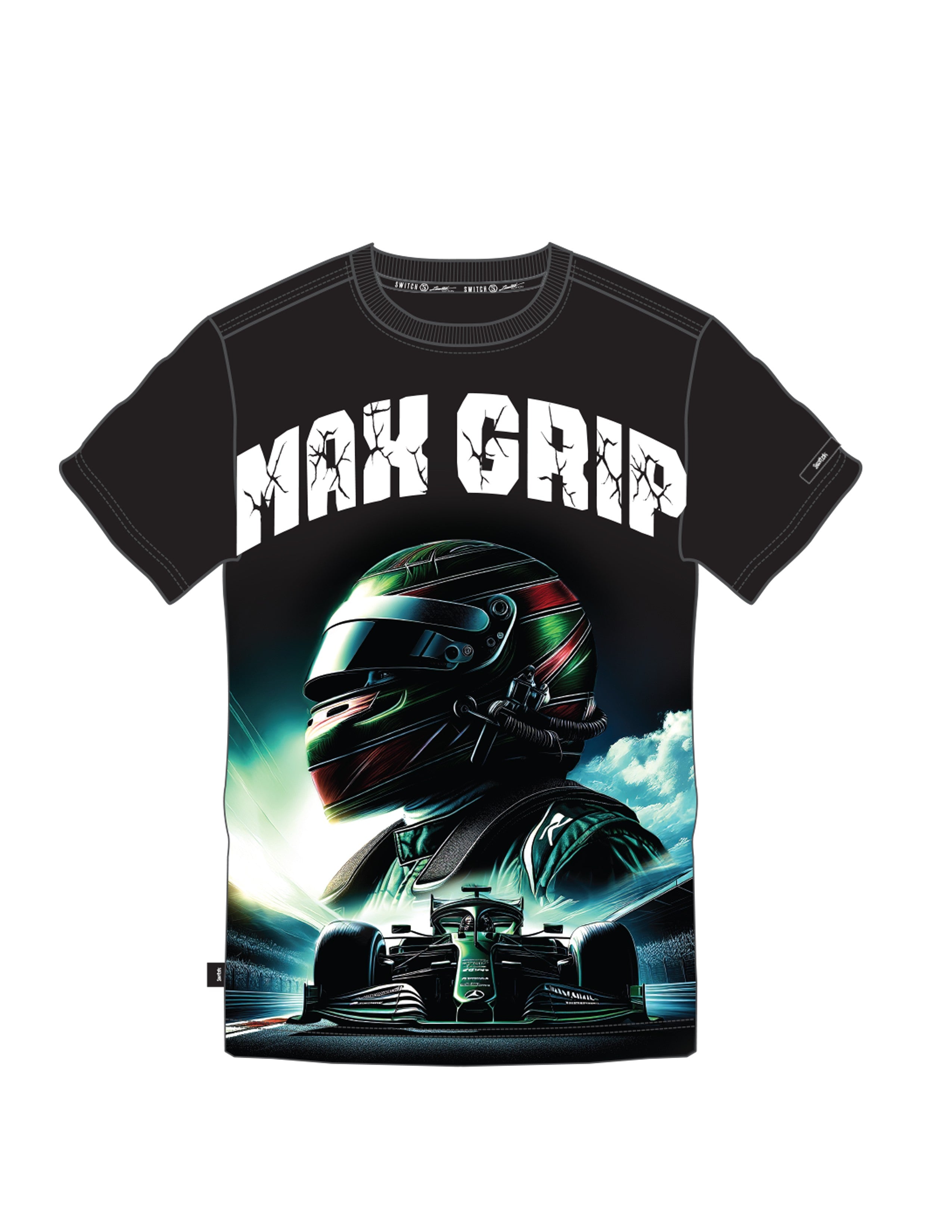 Switch B3/Max Grip Tee in black with cream graphics, relaxed fit, and soft fabric