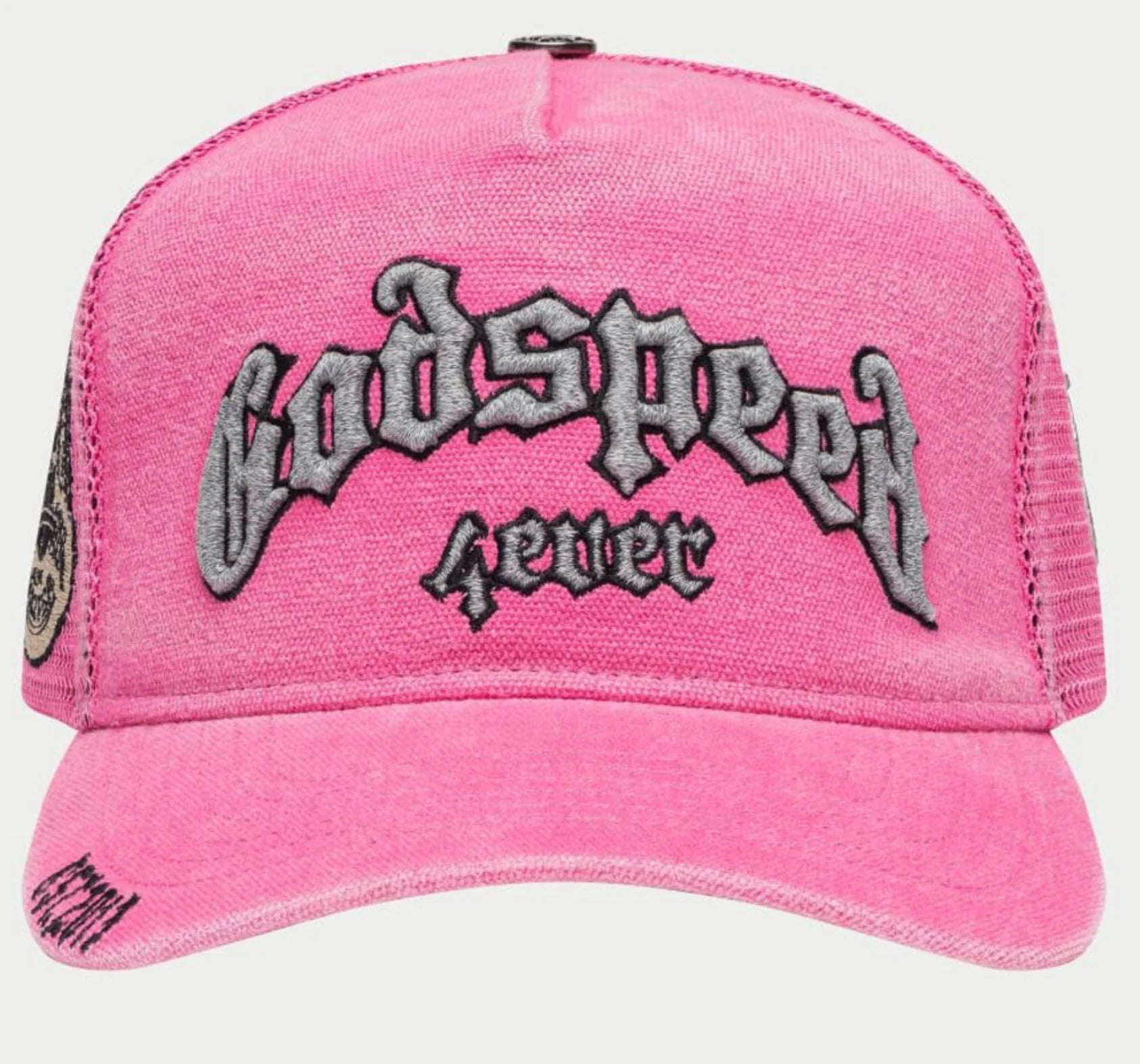 Godspeed 4ever Signature Trucker Hat with color-changing embroidery, limited edition box, and exclusive 3-piece pin set.