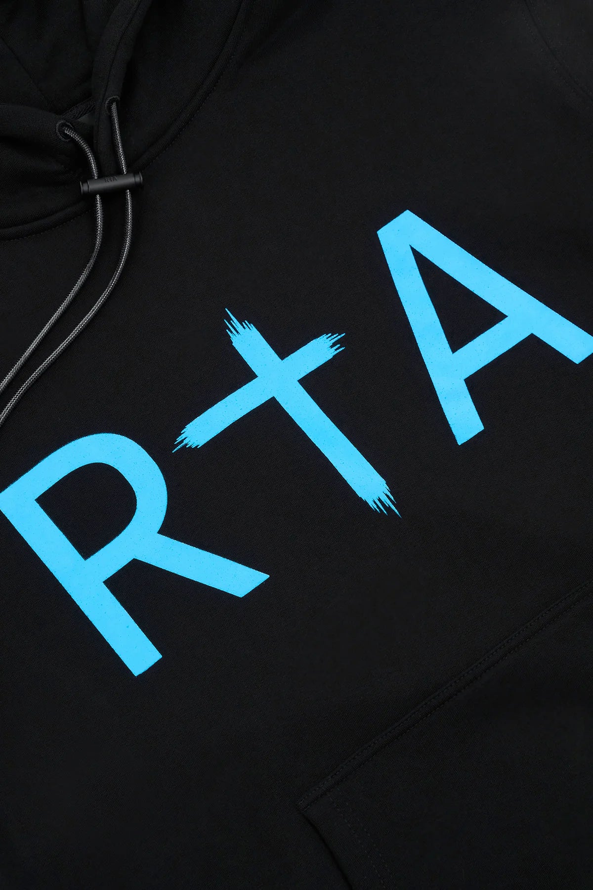 Dion Hoodie in Black Blue RTA with RtA chest logo, triple cross motif on right arm, and kangaroo pocket