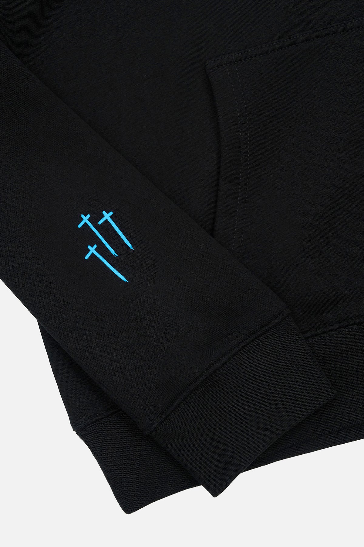 Dion Hoodie in Black Blue RTA with RtA chest logo, triple cross motif on right arm, and kangaroo pocket