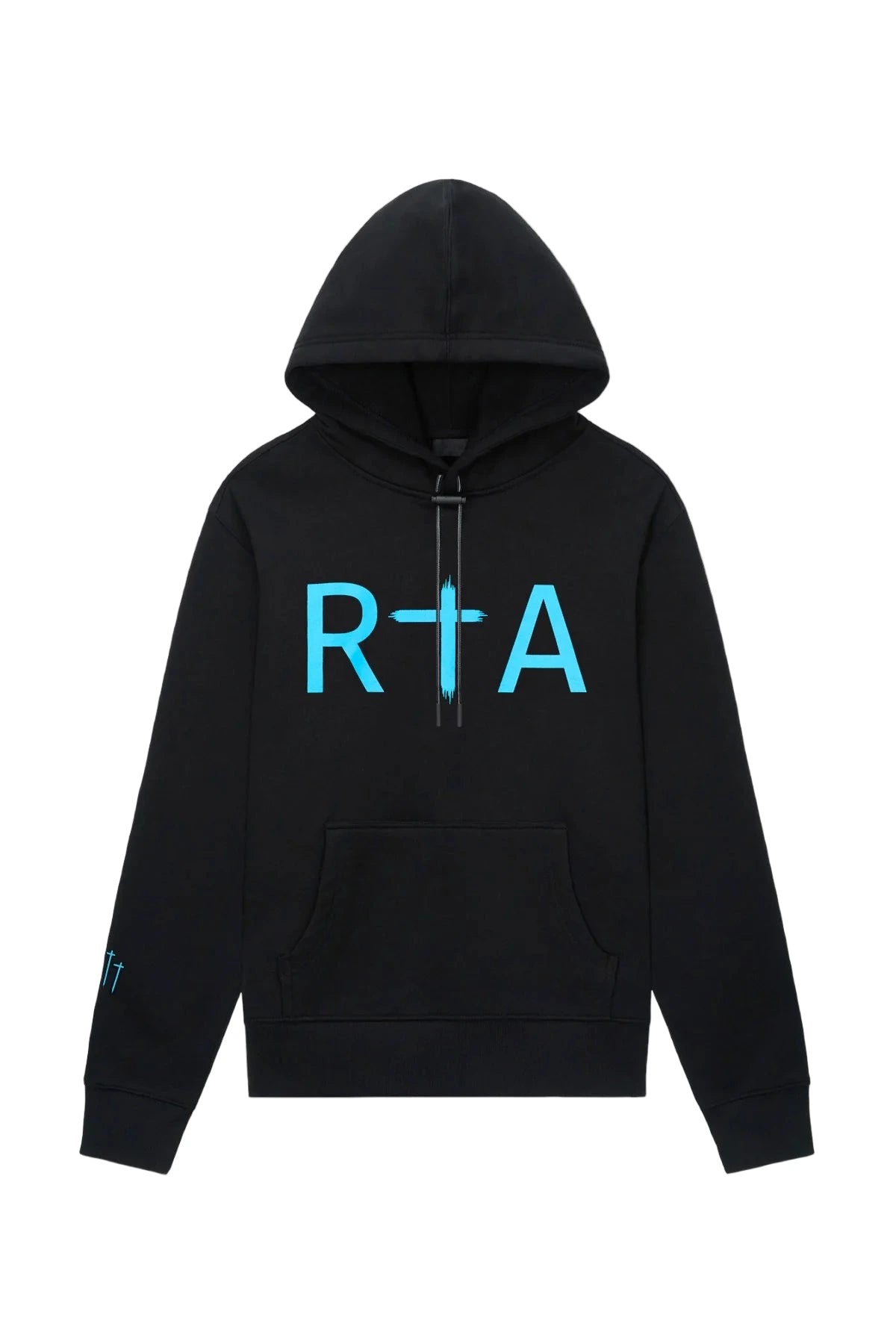 Dion Hoodie in Black Blue RTA with RtA chest logo, triple cross motif on right arm, and kangaroo pocket