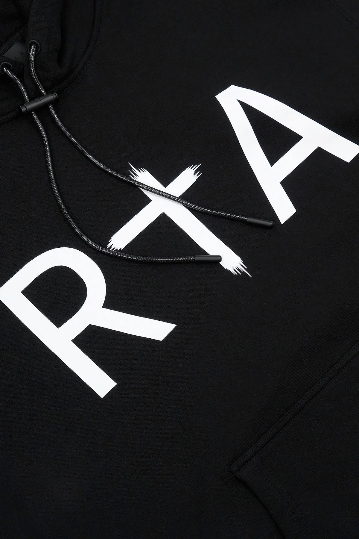 RtA Dion Hoodie in Black White with front logo, triple cross motif on right arm, and kangaroo pocket