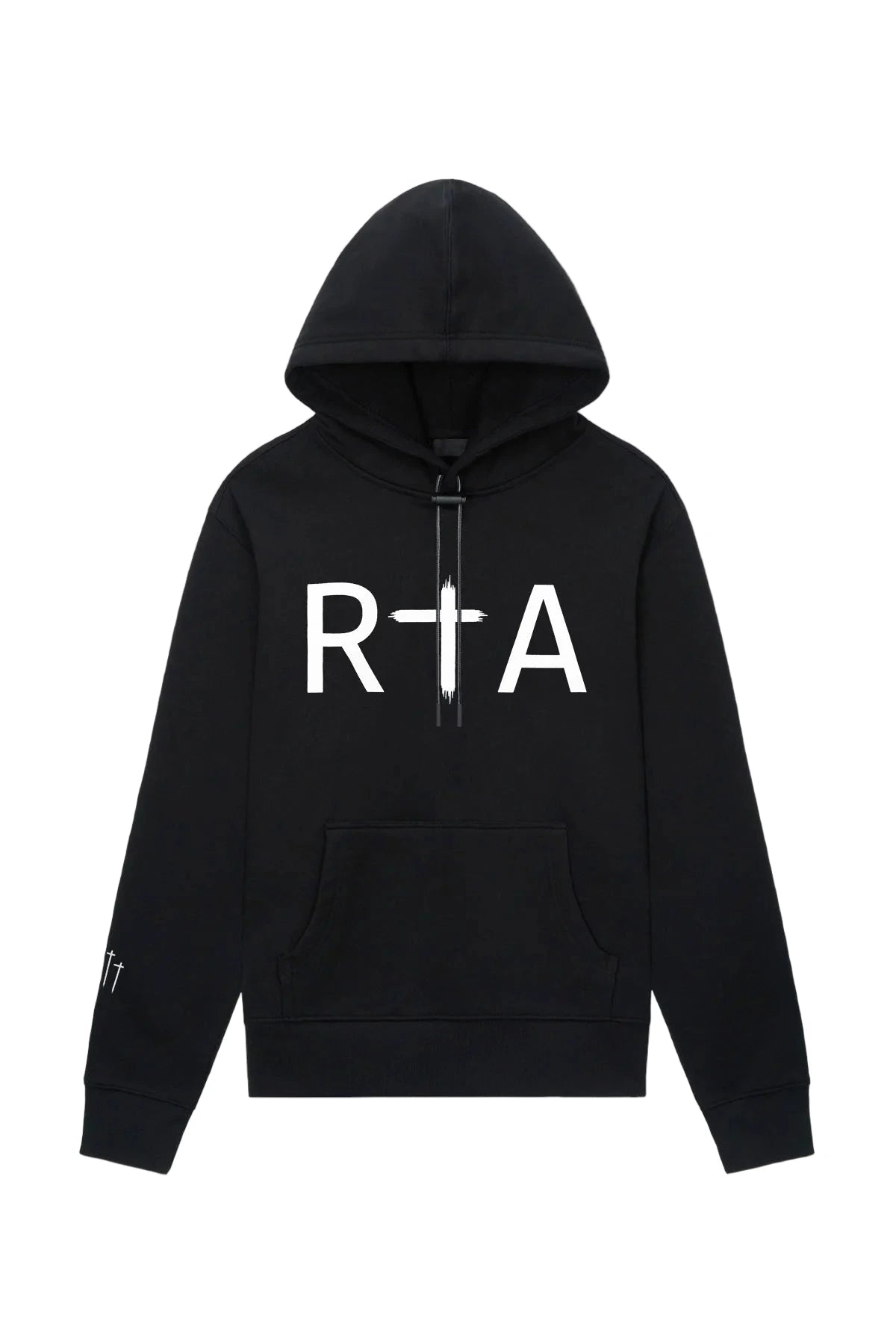 RtA Dion Hoodie in Black White with front logo, triple cross motif on right arm, and kangaroo pocket