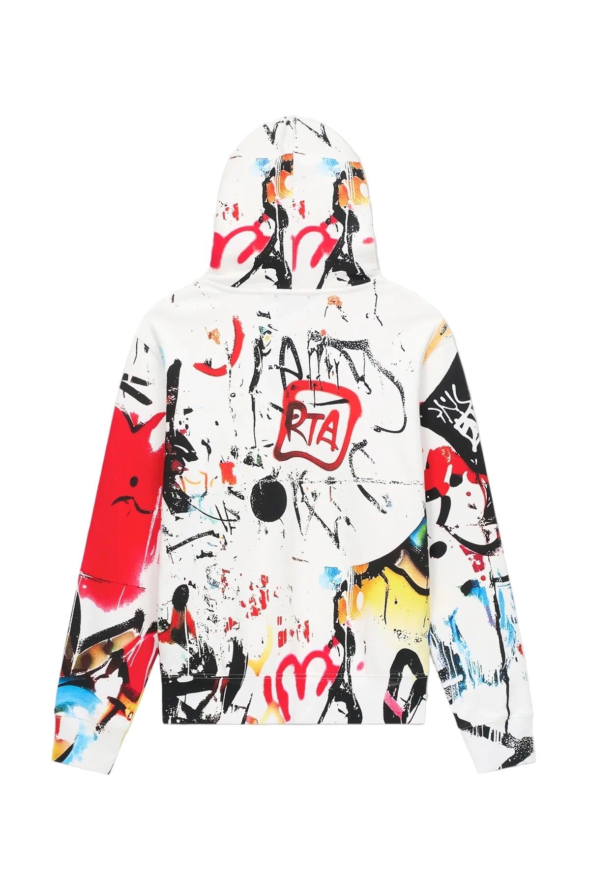 RTA Dion Hoodie in White Graffiti with all-over graffiti print, RTA front logo, coated drawstrings, and kangaroo pocket.