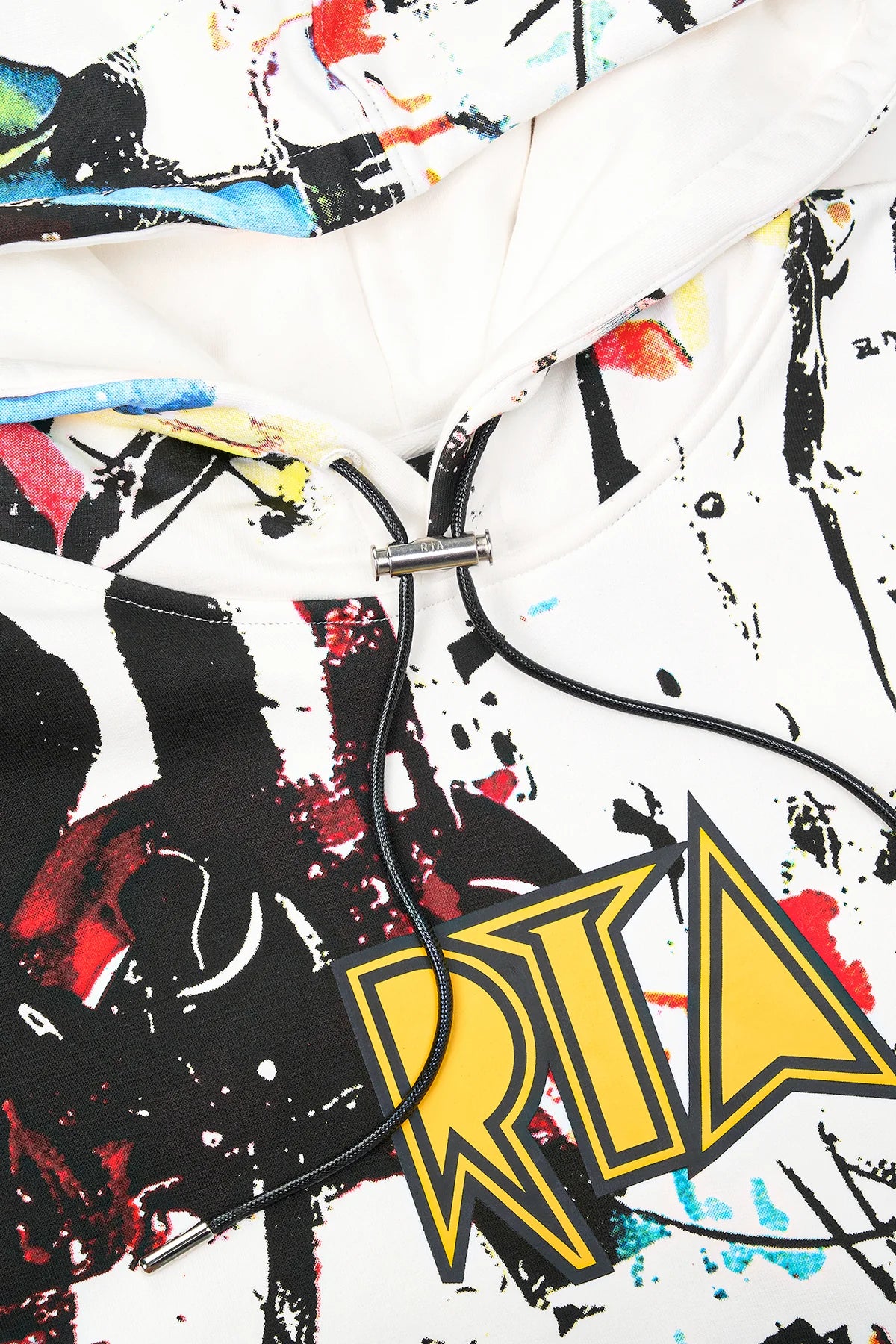 RTA Dion Hoodie in White Graffiti with all-over graffiti print, RTA front logo, coated drawstrings, and kangaroo pocket.