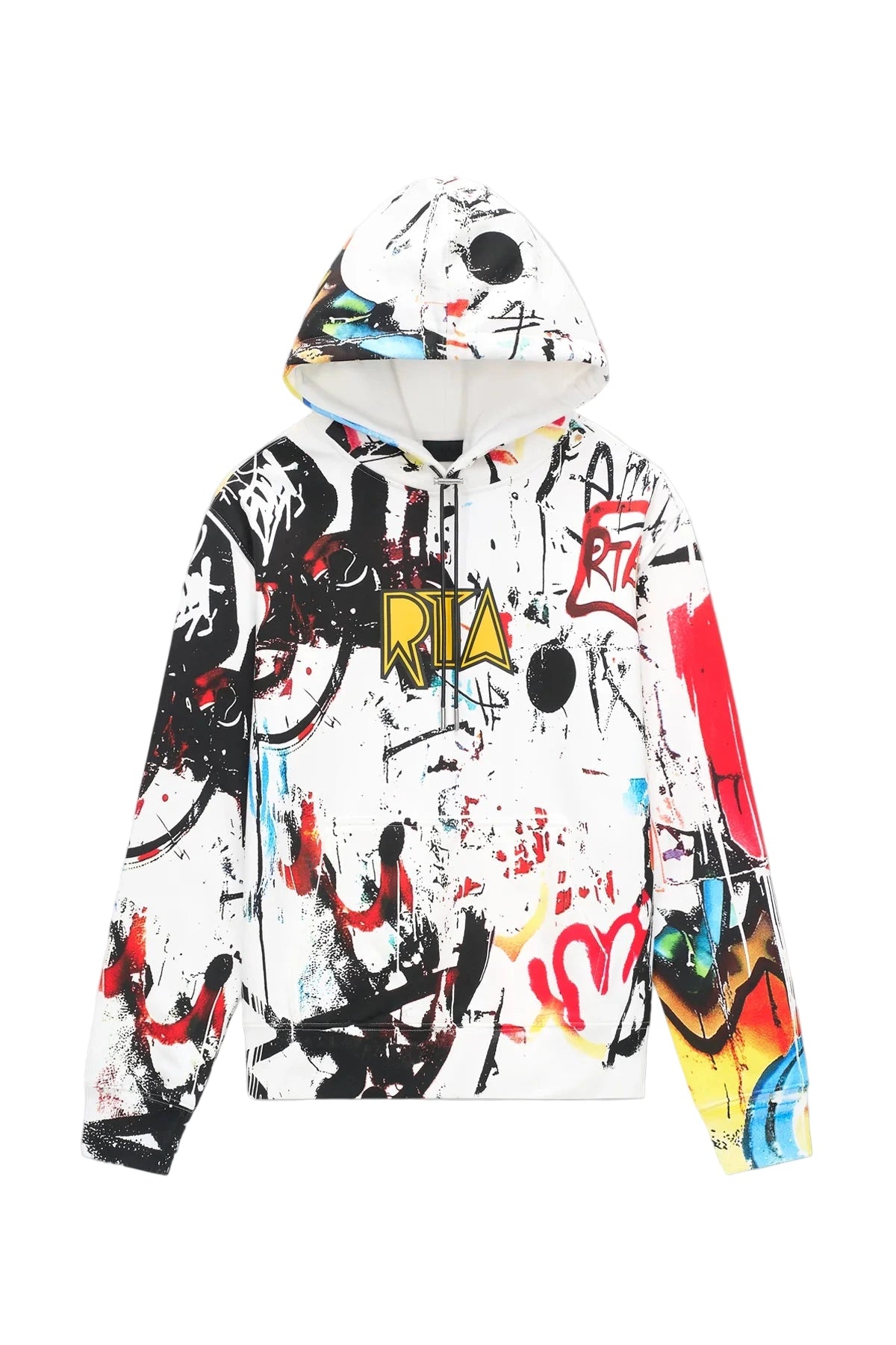 RTA Dion Hoodie in White Graffiti with all-over graffiti print, RTA front logo, coated drawstrings, and kangaroo pocket.