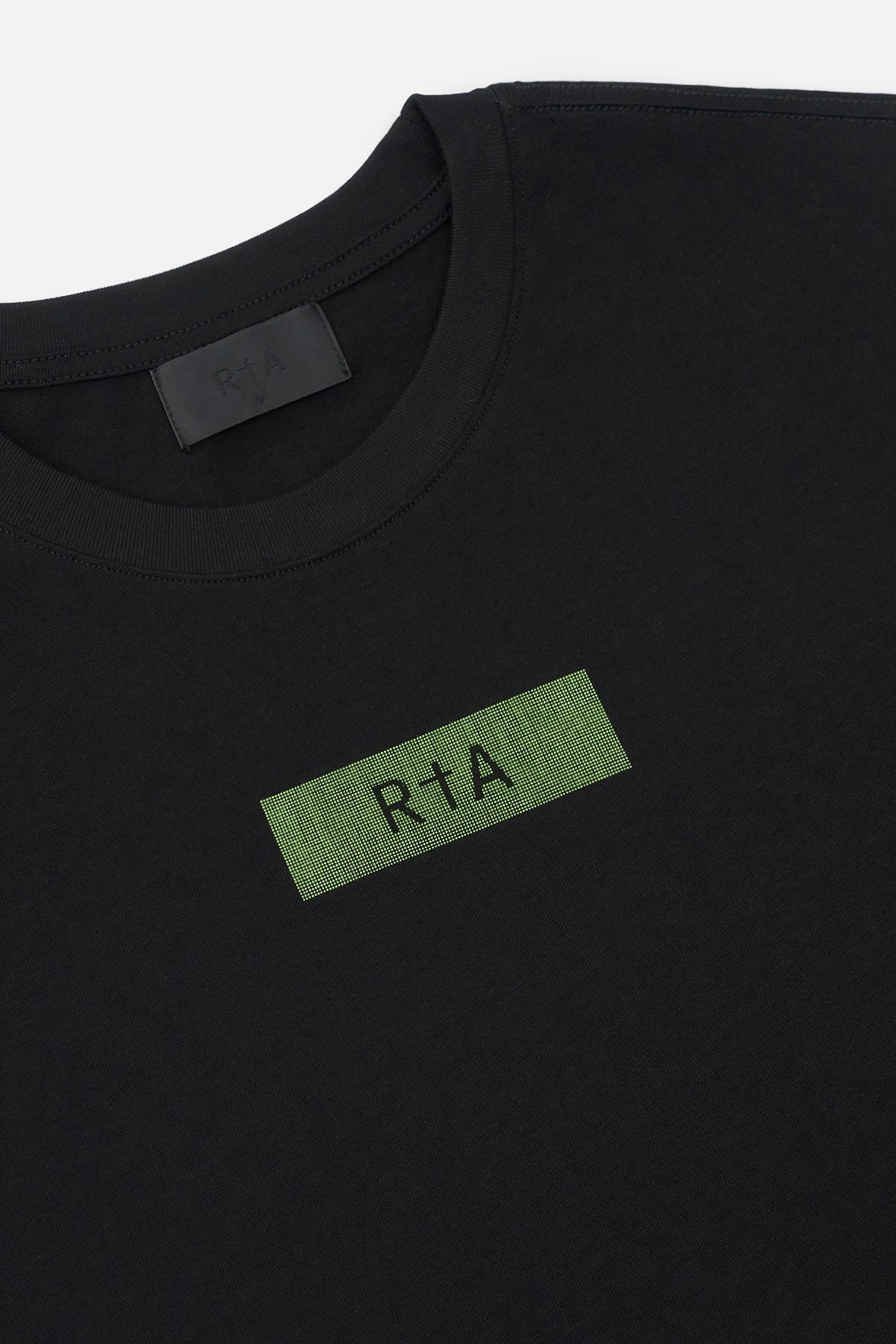 RTA Liam Short Sleeve Tee in black with glitch-strip chest logo and binary code graphic on back.