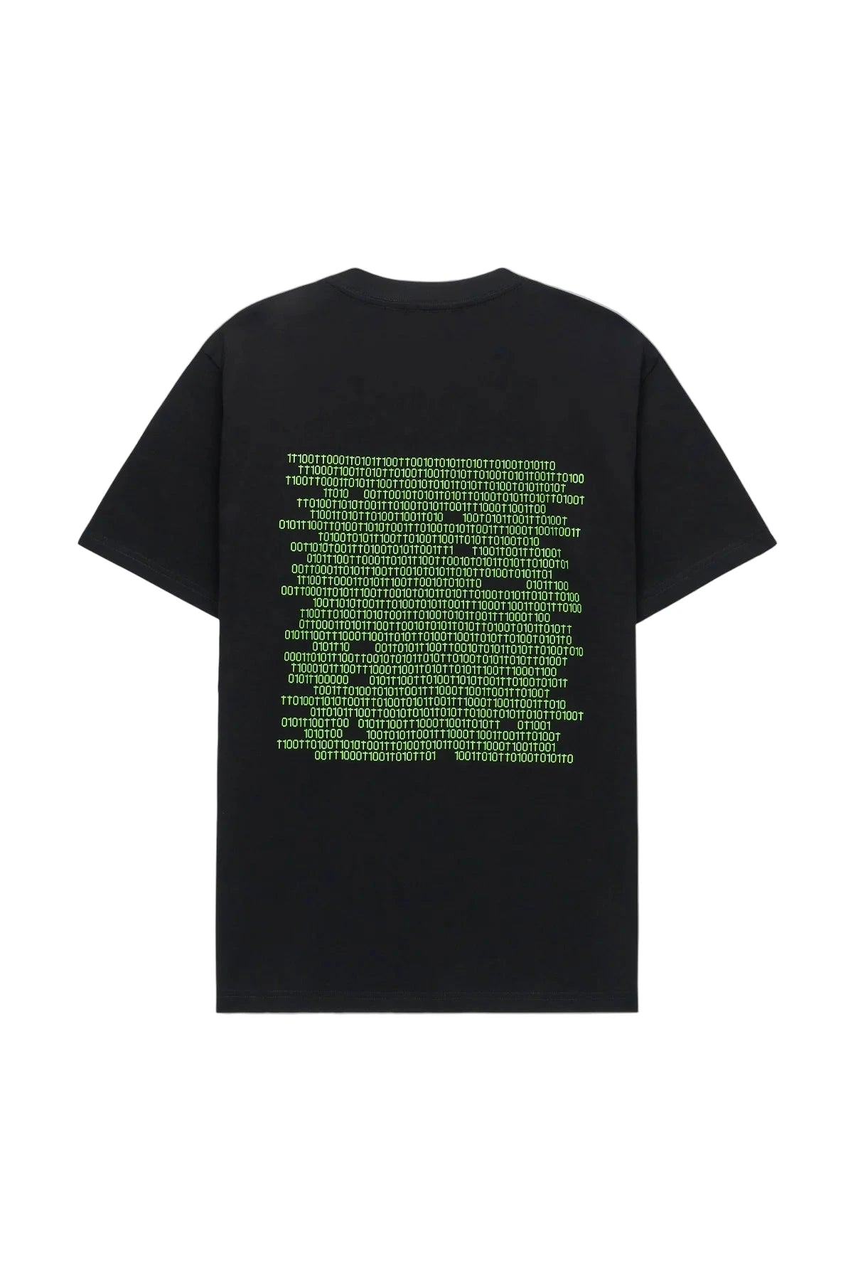 RTA Liam Short Sleeve Tee in black with glitch-strip chest logo and binary code graphic on back.