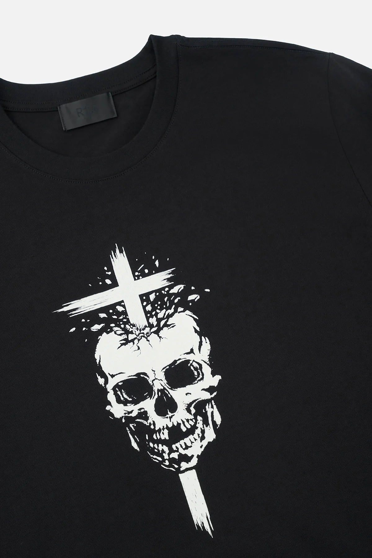 Liam Short Sleeve Tee in Black Skeleton Hell with front RtA skull and cross graphic and back 