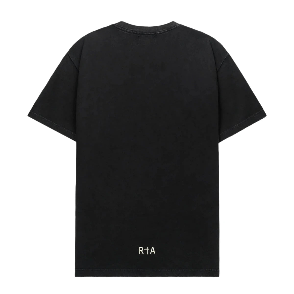 RTA Colin Oversized Short Sleeve Tee in black with retro front text graphic and RTA logo on lower back, made from 100% cotton.