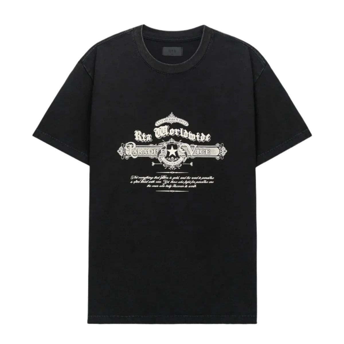 RTA Colin Oversized Short Sleeve Tee in black with retro front text graphic and RTA logo on lower back, made from 100% cotton.