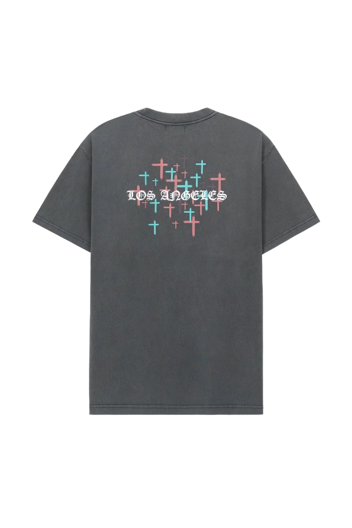 RtA Colin Oversized Tee in Vintage Black with Old English RtA logo and LA cross back motif