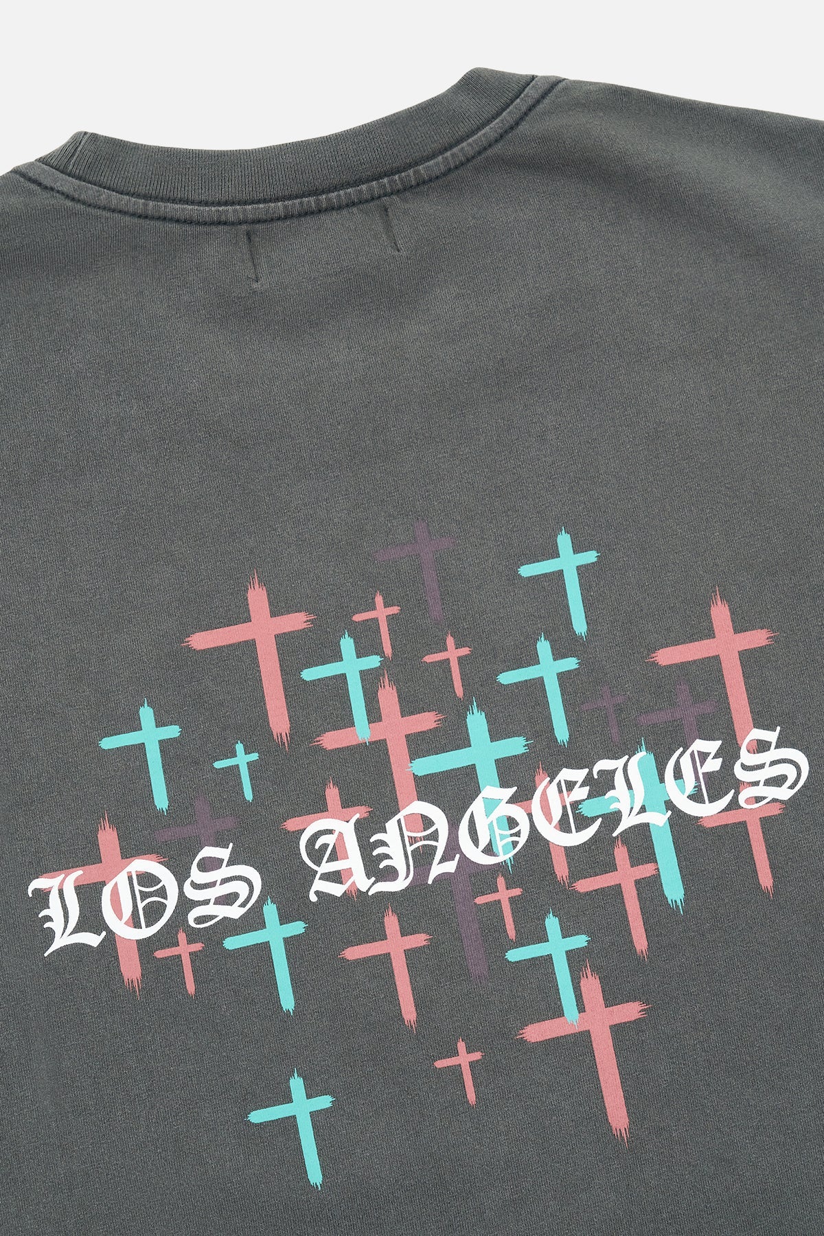 RtA Colin Oversized Tee in Vintage Black with Old English RtA logo and LA cross back motif