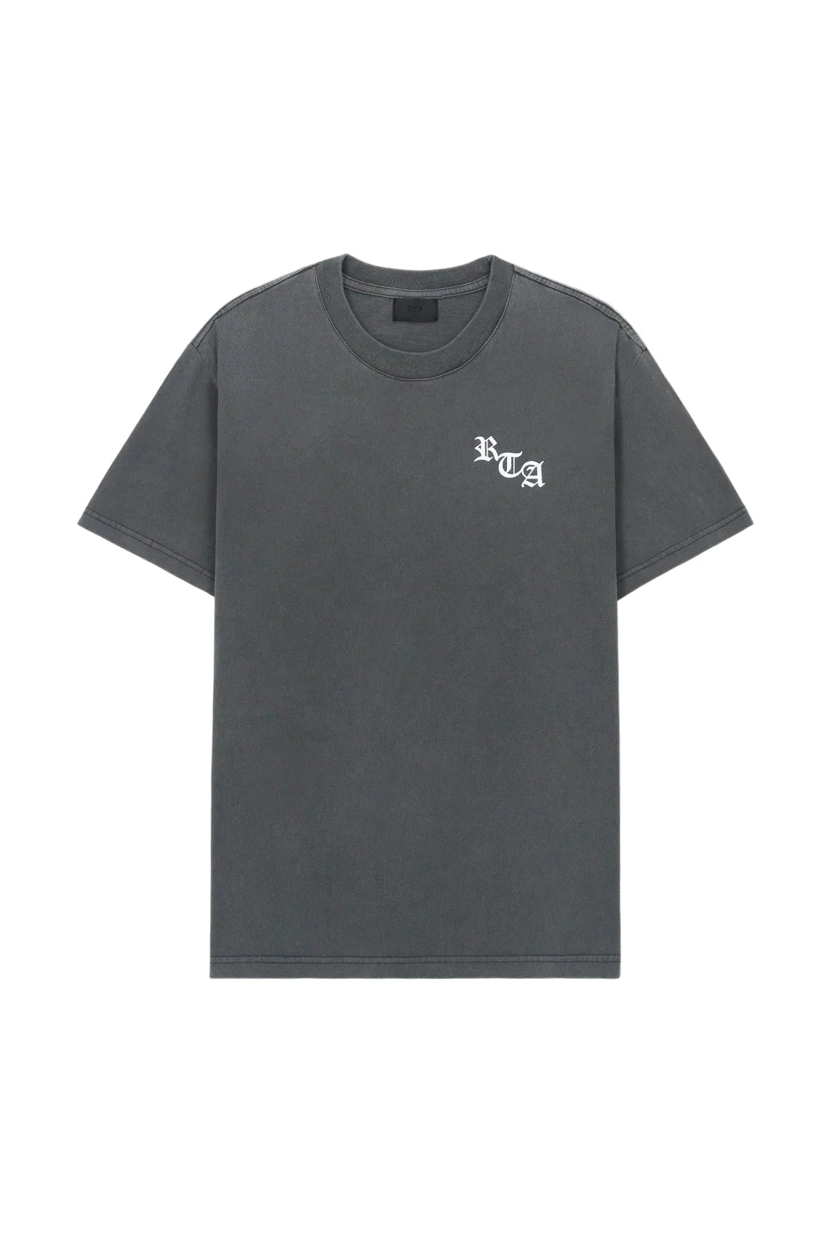 RtA Colin Oversized Tee in Vintage Black with Old English RtA logo and LA cross back motif