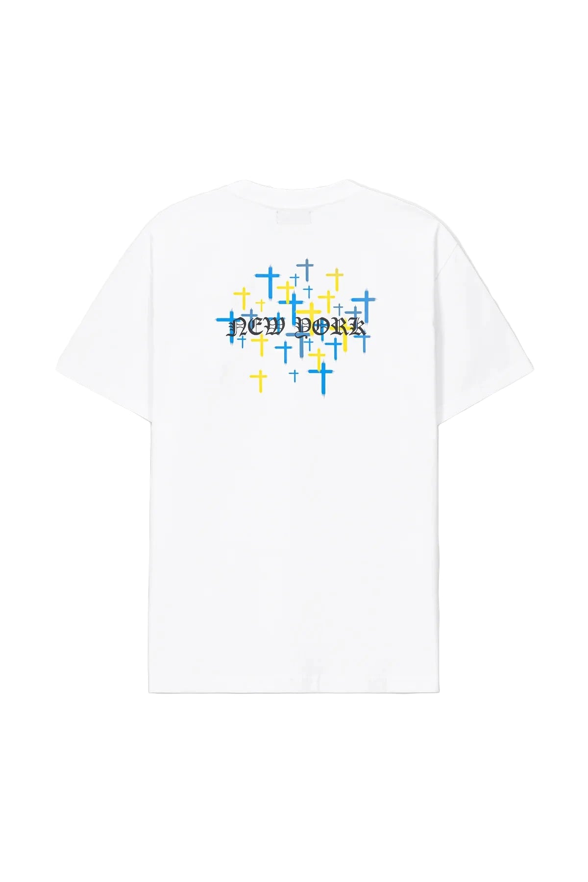 RtA Colin Oversized Short Sleeve Tee in White with Old English logo on chest and New York cross motif on back