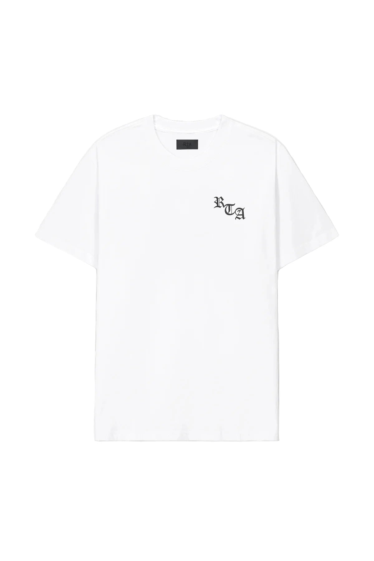RtA Colin Oversized Short Sleeve Tee in White with Old English logo on chest and New York cross motif on back