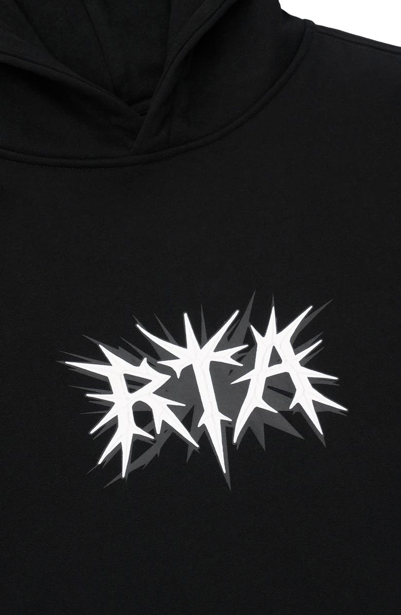 RtA Spike oversized black cotton hoodie with spiky logo graphic, fixed hood, kangaroo pocket, and drawcord-toggle hem