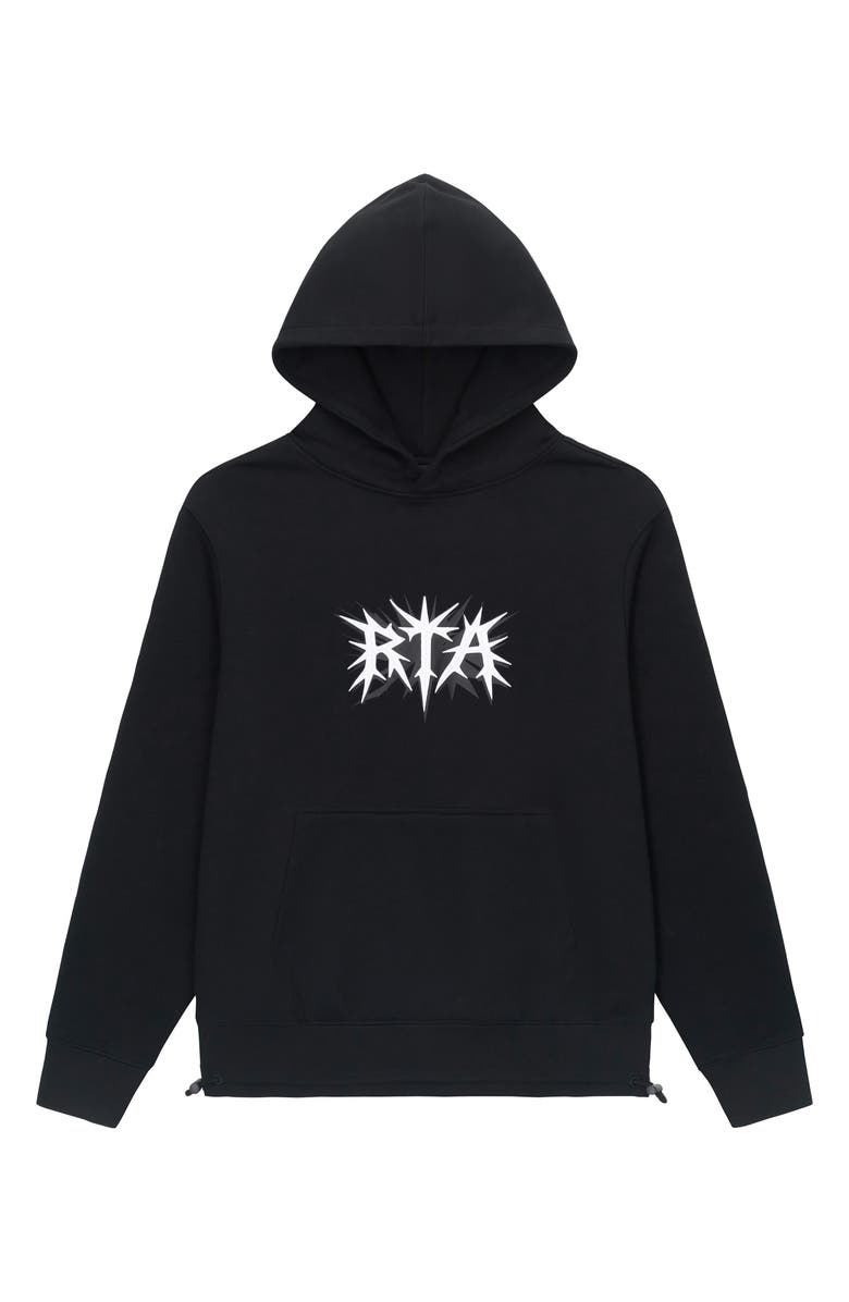 RtA Spike oversized black cotton hoodie with spiky logo graphic, fixed hood, kangaroo pocket, and drawcord-toggle hem