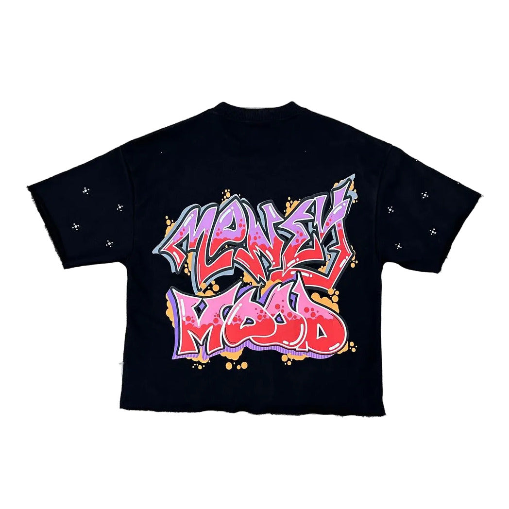 “Money Mood” F-Terry Cropped Tee in black with cropped fit and bold graphic design in French terry fabric