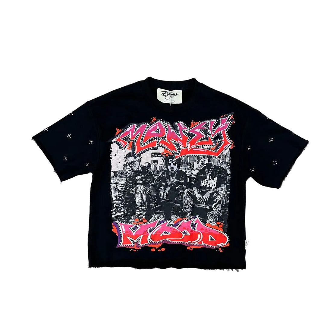 “Money Mood” F-Terry Cropped Tee in black with cropped fit and bold graphic design in French terry fabric