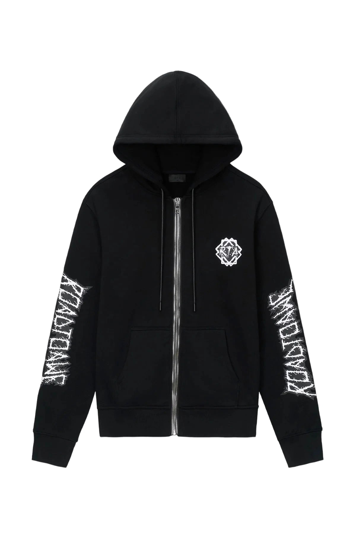 RTA Floyd Black Metal Road to Awe Zip Up Hoodie with oversized fit, double zip closure, coated drawstrings, and metal-inspired logos.