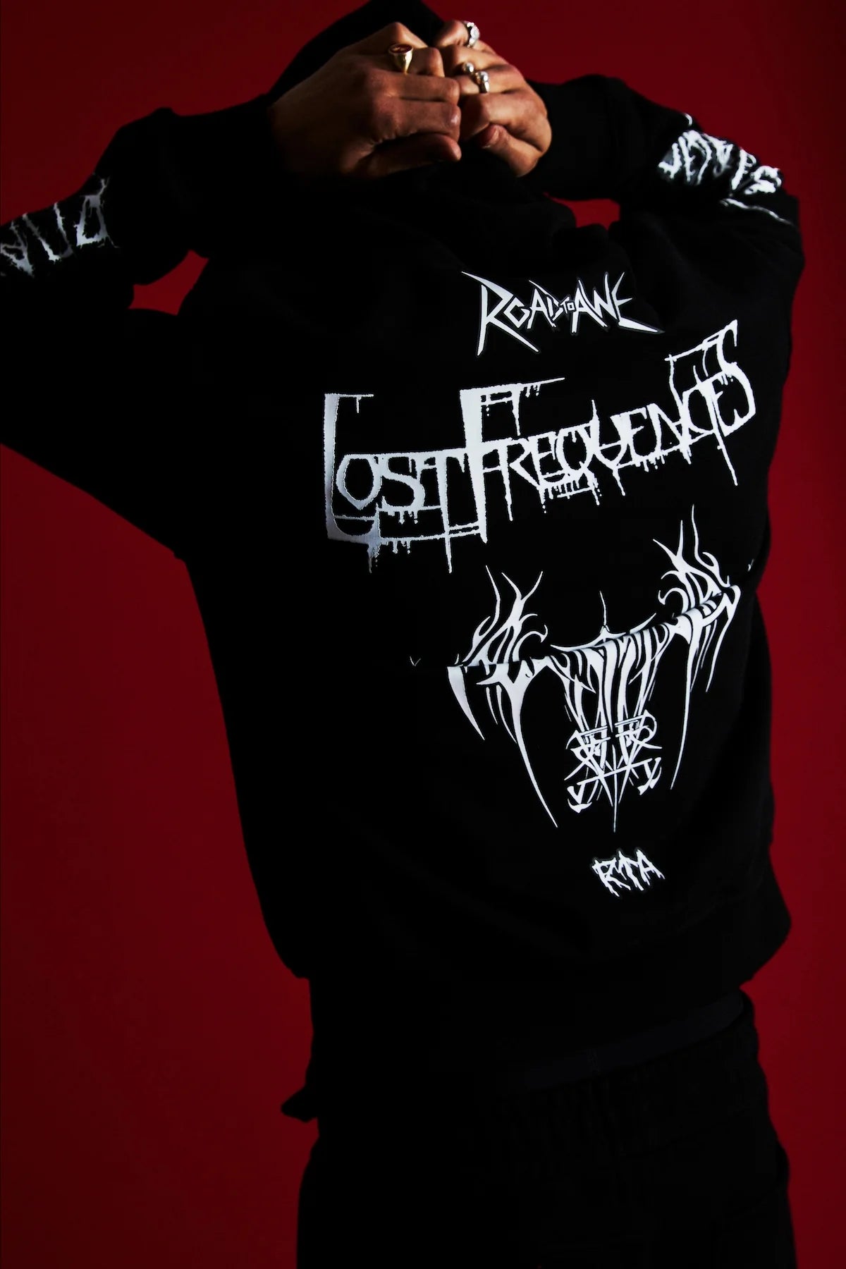 RTA Floyd Black Metal Road to Awe Zip Up Hoodie with oversized fit, double zip closure, coated drawstrings, and metal-inspired logos.