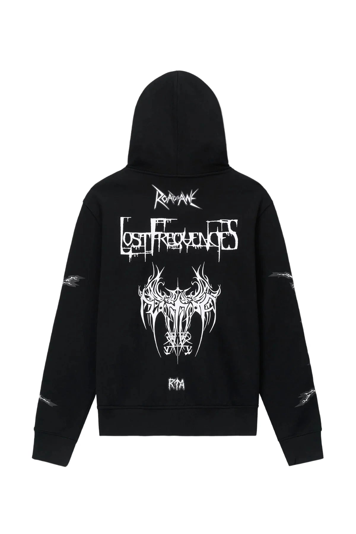 RTA Floyd Black Metal Road to Awe Zip Up Hoodie with oversized fit, double zip closure, coated drawstrings, and metal-inspired logos.