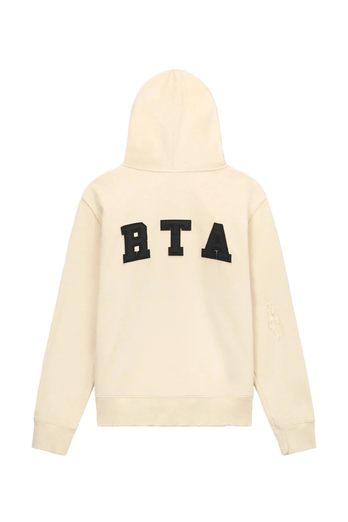 RtA Markus Hoodie in Beige Collegiate with distressed details, kangaroo pocket, and logo patch