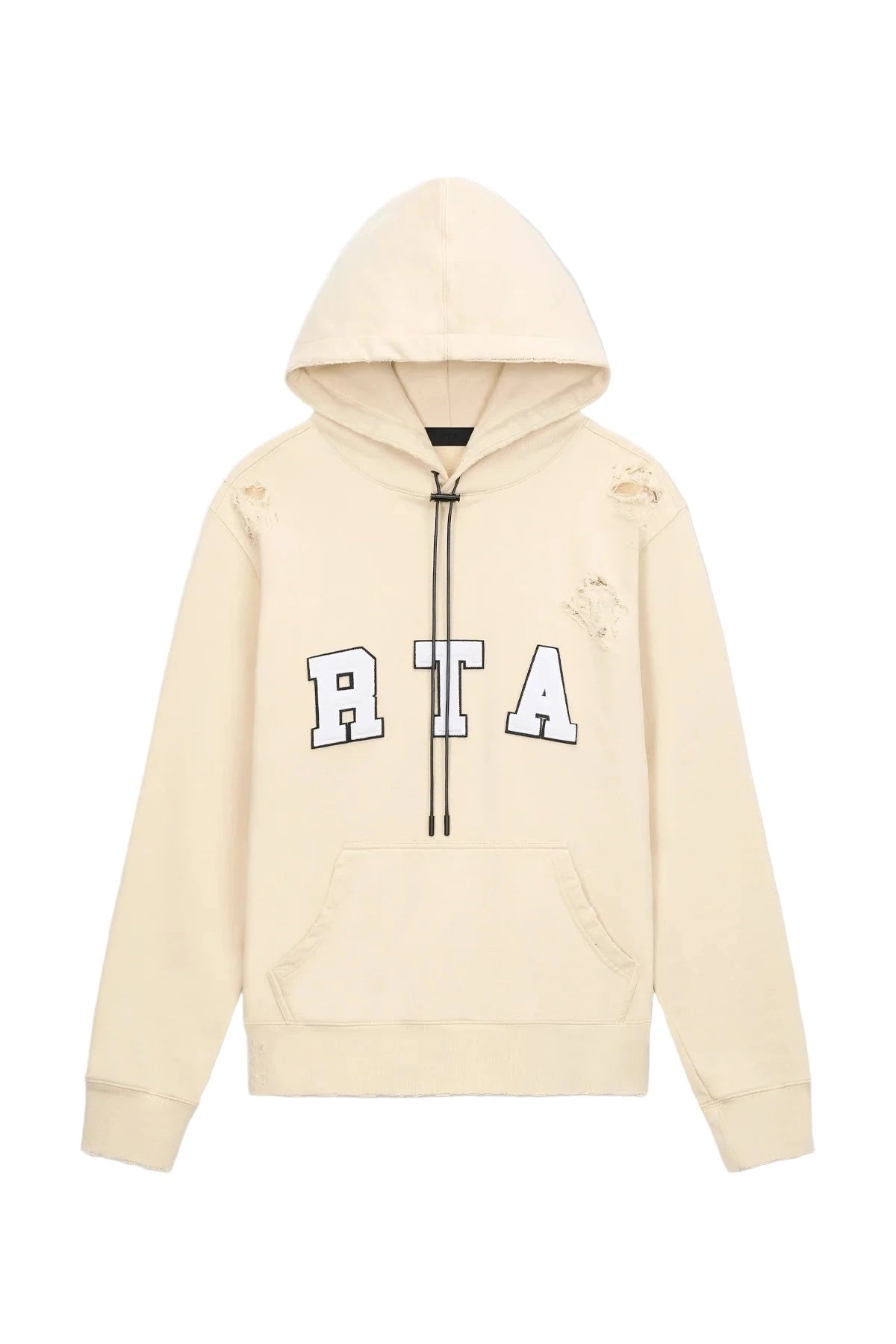 RtA Markus Hoodie in Beige Collegiate with distressed details, kangaroo pocket, and logo patch