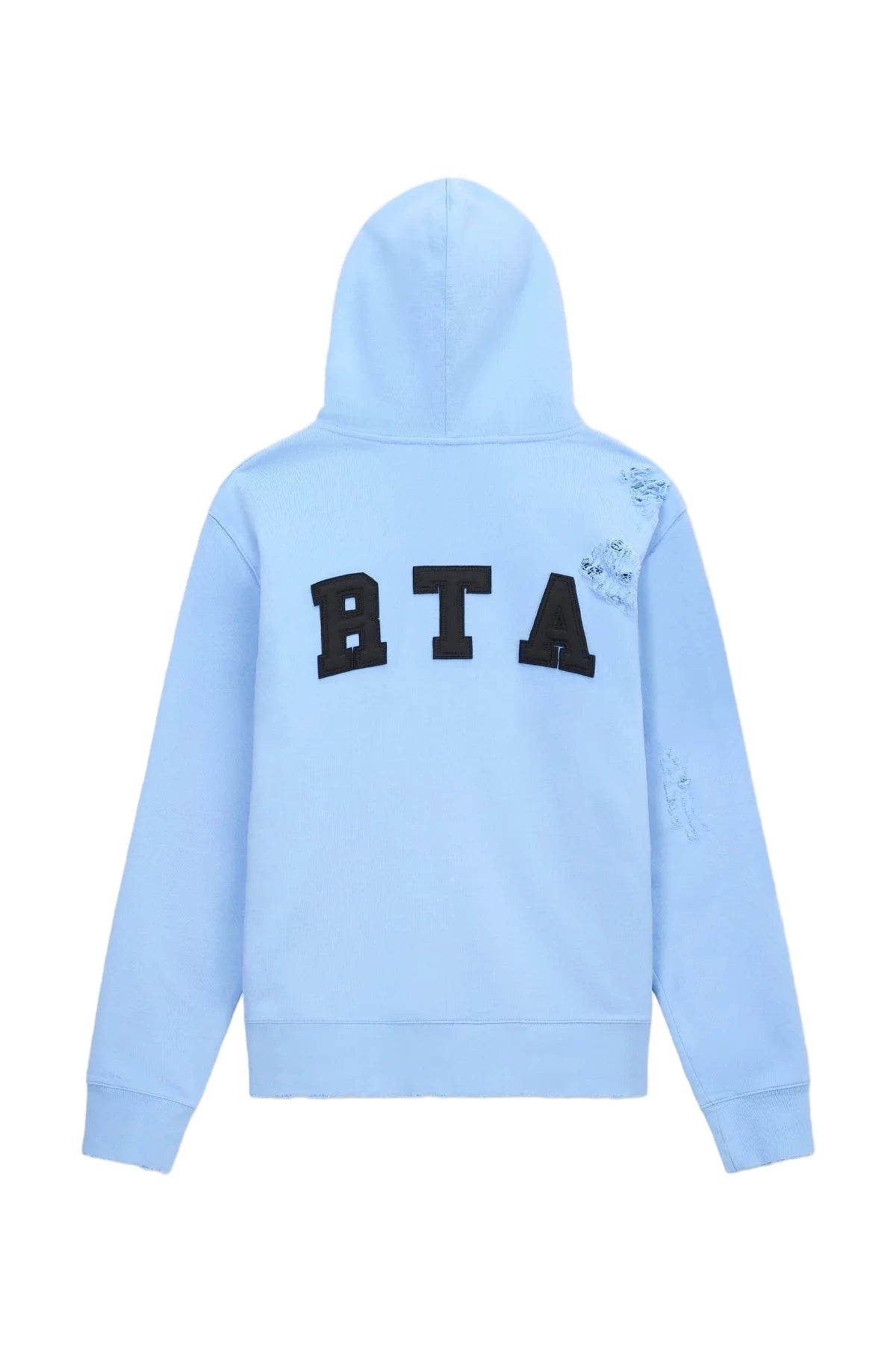 RtA Markus Hoodie in Sky Blue Collegiate with distressed details, kangaroo pocket, and logo patch