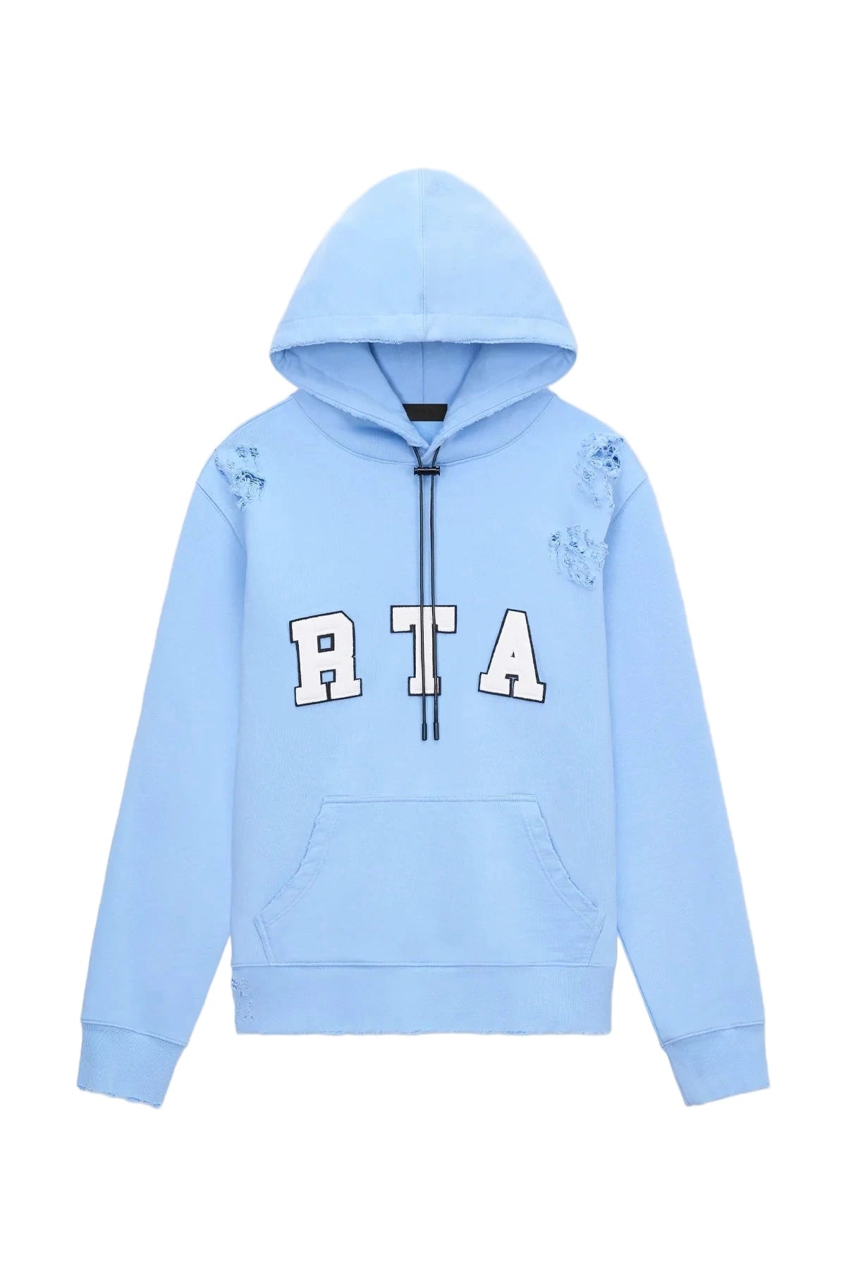 RtA Markus Hoodie in Sky Blue Collegiate with distressed details, kangaroo pocket, and logo patch