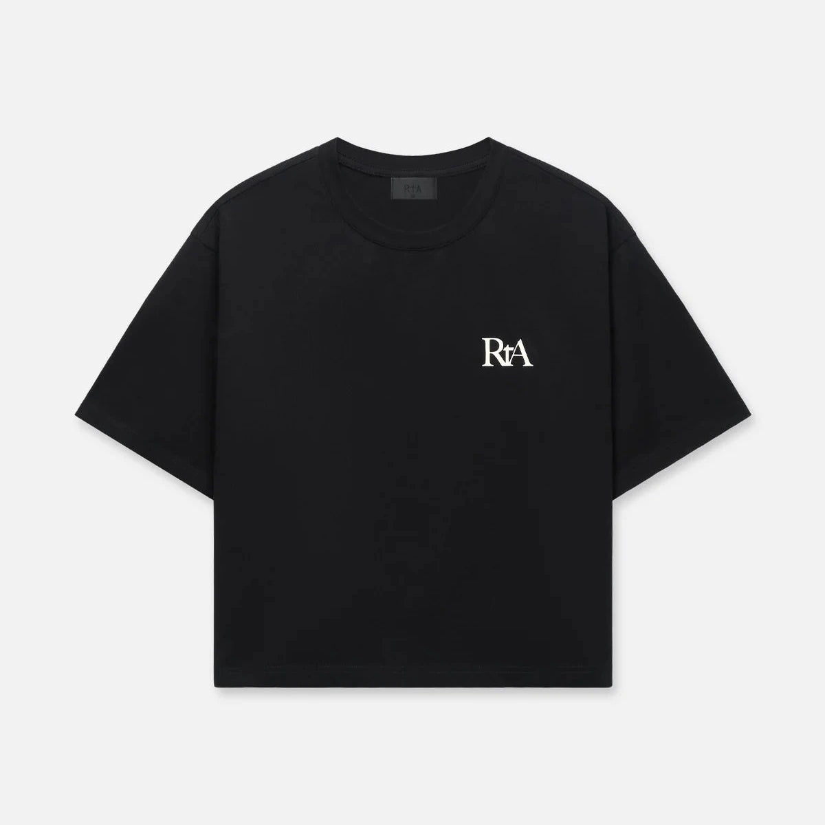 RTA Austin Short Sleeve Tee in Black Bone with cropped fit, dropped shoulders, and small chest logo, made from 100% cotton.