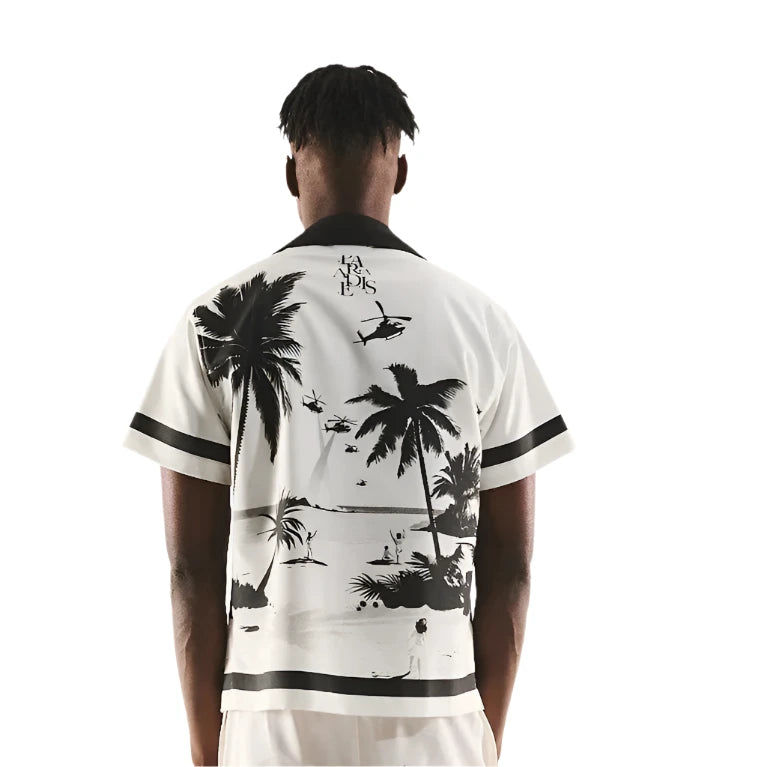 RtA Nathan Shirt in White Palm Trees featuring an all-over tropical print in a lightweight, tailored design.