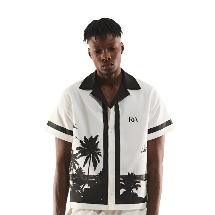 RtA Nathan Shirt in White Palm Trees featuring an all-over tropical print in a lightweight, tailored design.