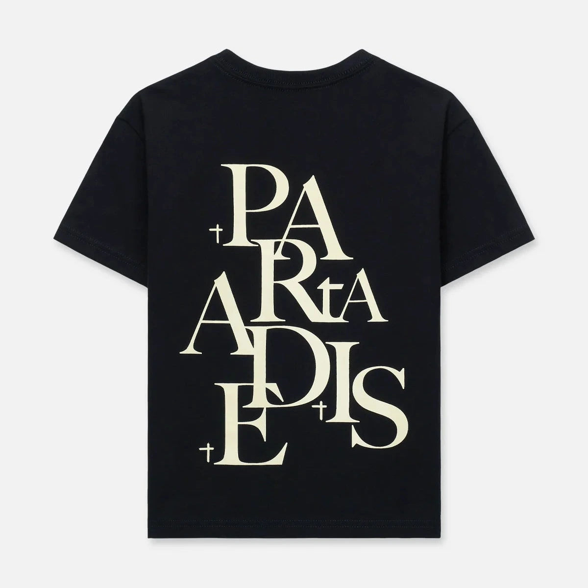 Edson Short Sleeve Tee in Black Paradise featuring small RTA logo on chest, abstract deconstructed PARADISE graphic, and signature RTA crosses on back.