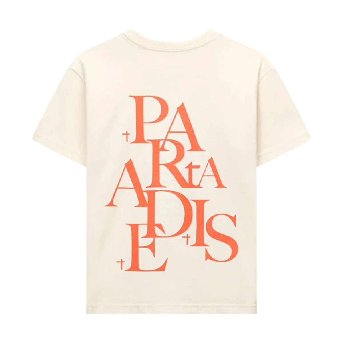 Edson Short Sleeve Tee in Bone Paradise with small RTA logo on chest, abstract deconstructed PARADISE graphic, and signature RTA crosses on back.