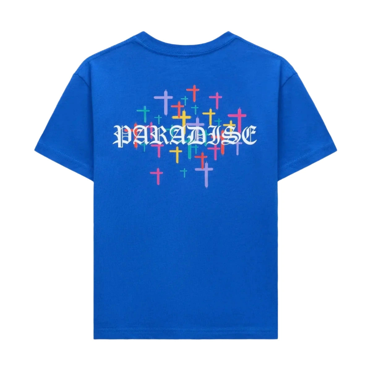 Blue t-shirt with colorful cross designs and 'PARADISE' text on a white background