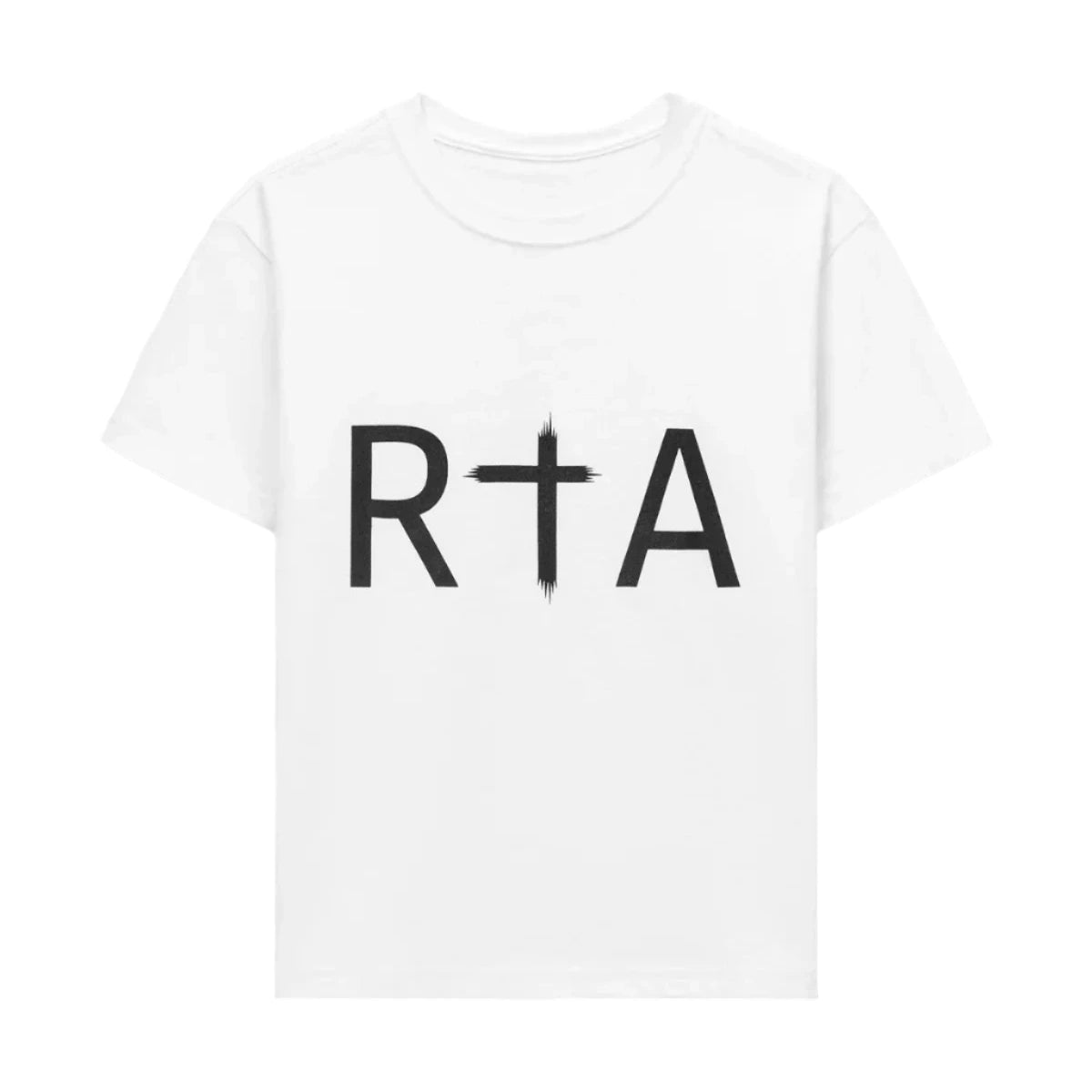 White t-shirt with 'RTA' printed on a white background